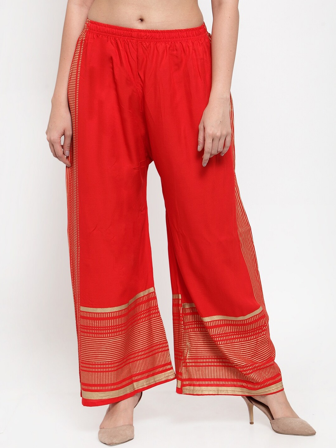 

Miaz Lifestyle Women Red & Gold Striped Flared Palazzos