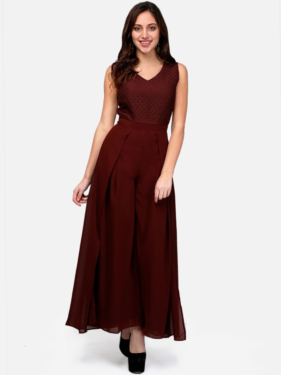 

V&M Women Brown Lace Layered Basic Jumpsuit