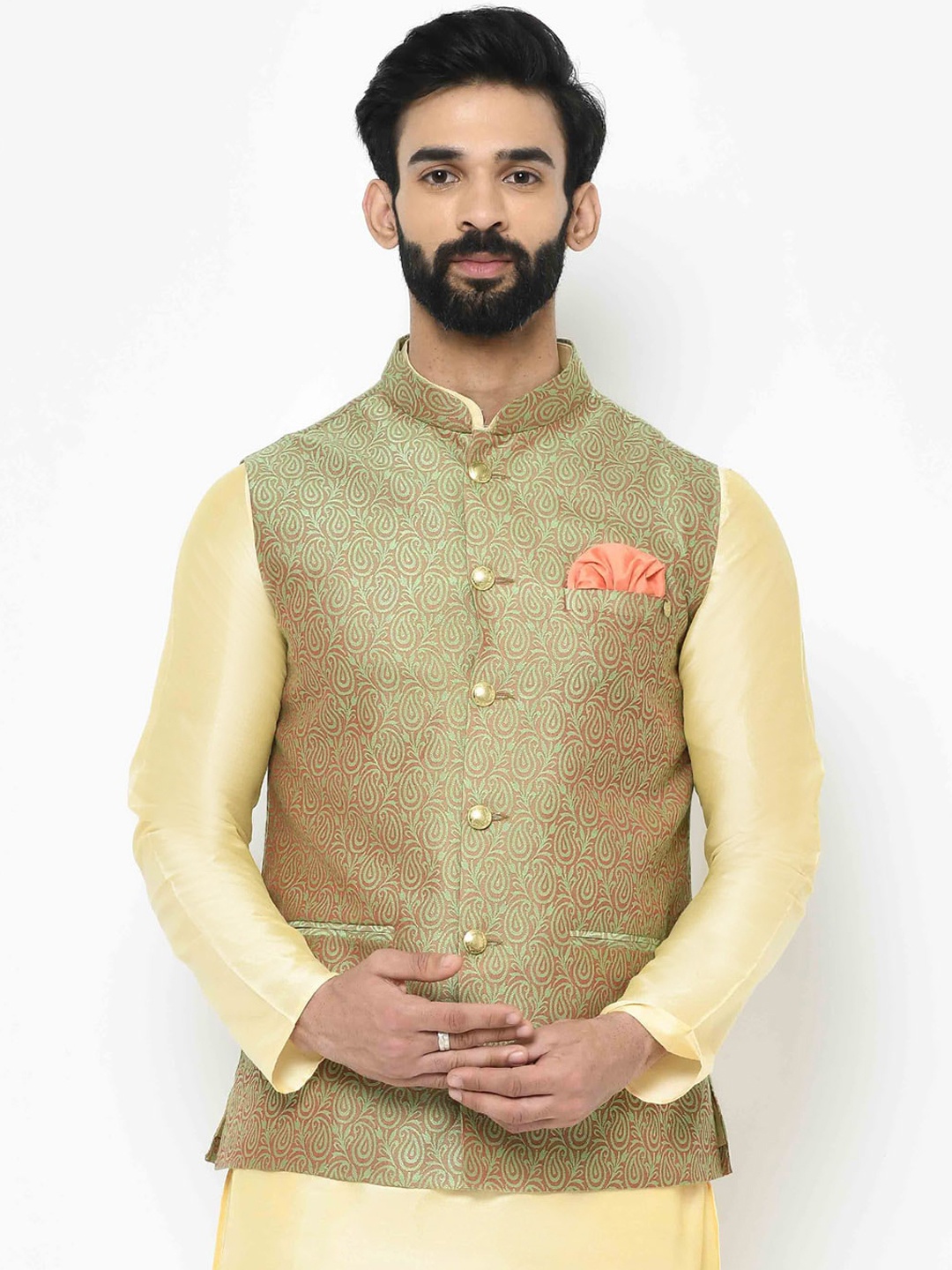 

KISAH Men Green & Brown Woven Design Nehru Jacket