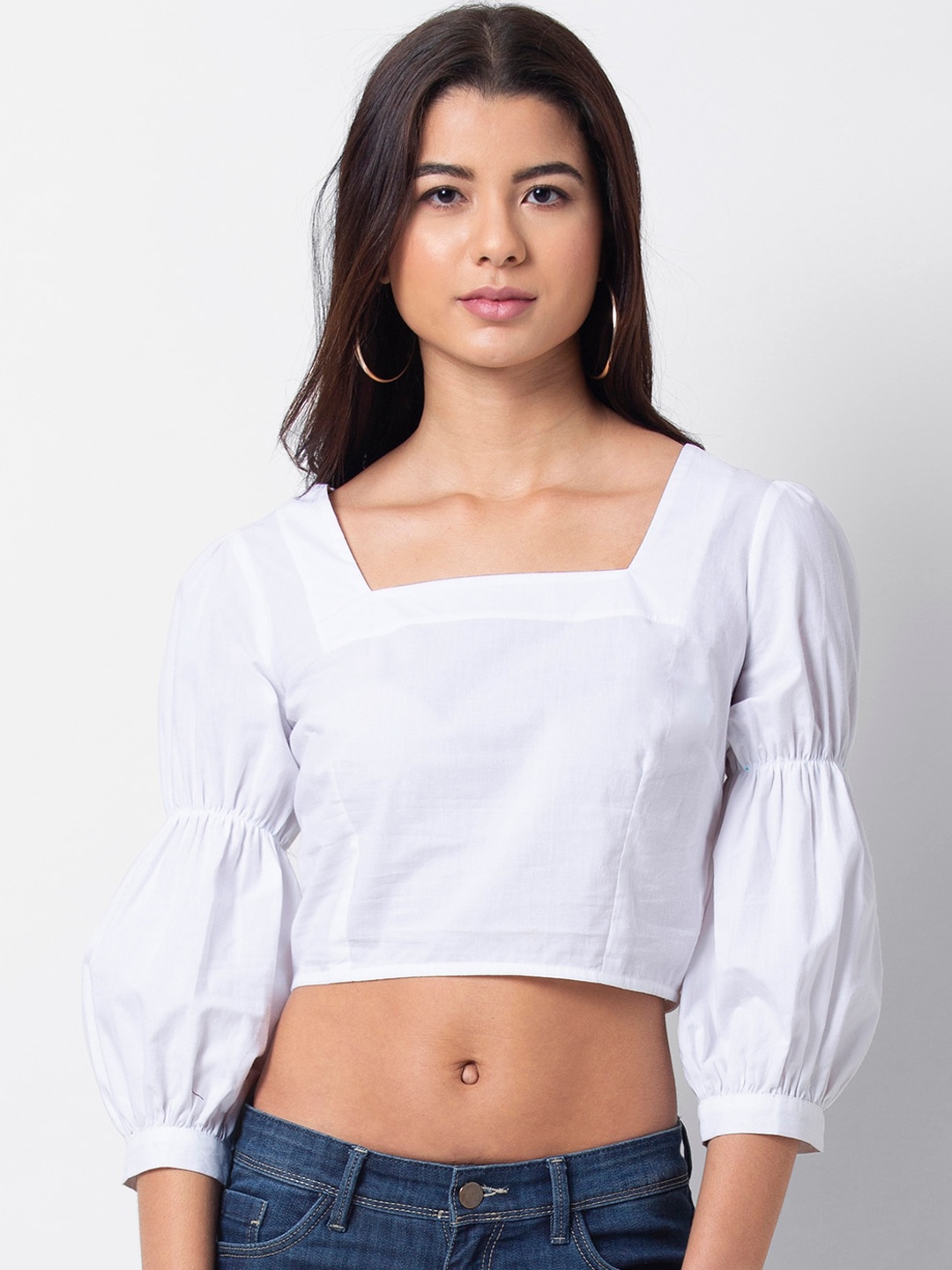 

FabAlley Women White Solid Crop Pure Cotton Top