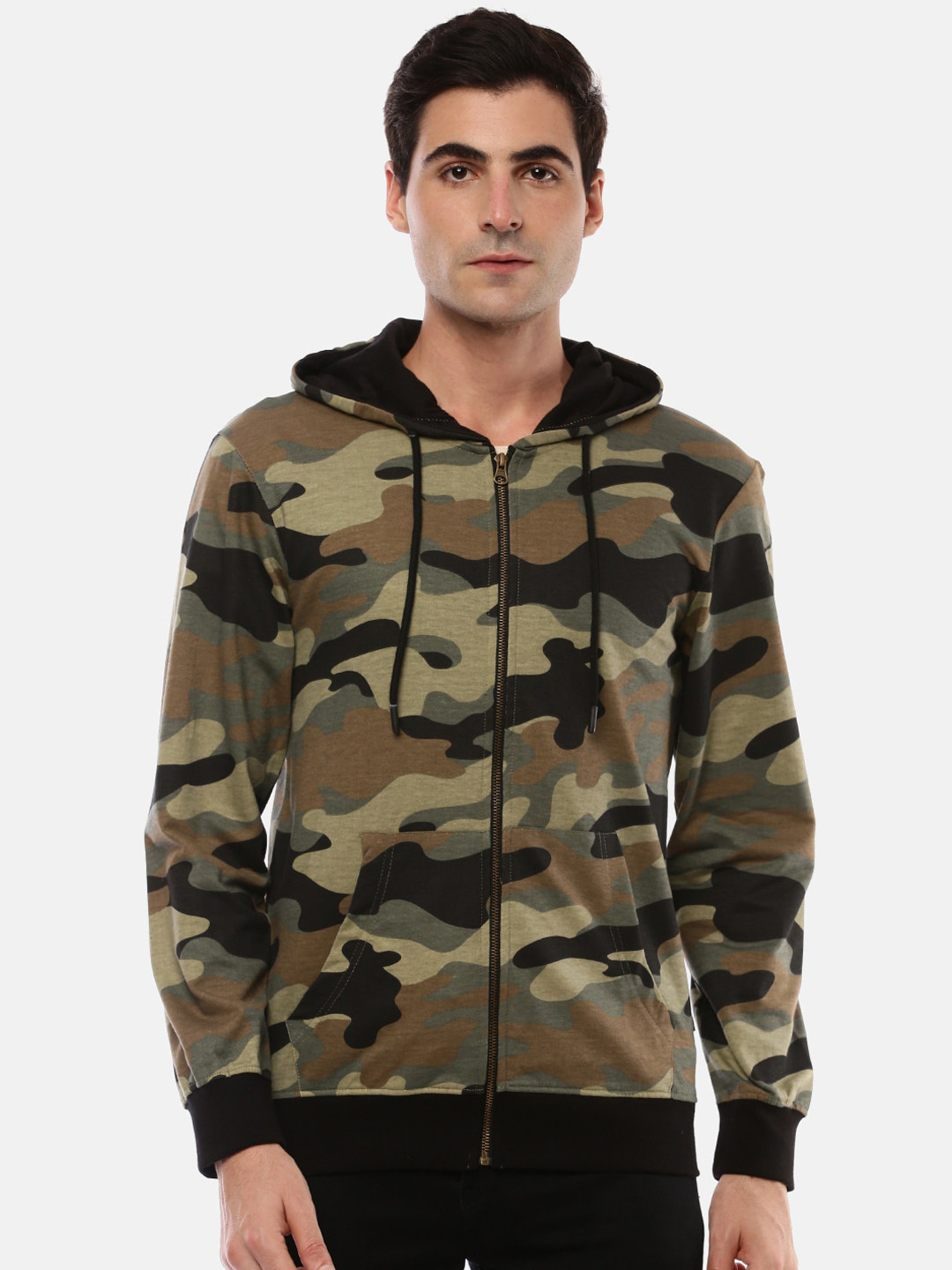 

Chennis Men Olive Green & Brown Camouflage Print Hooded Sweatshirt