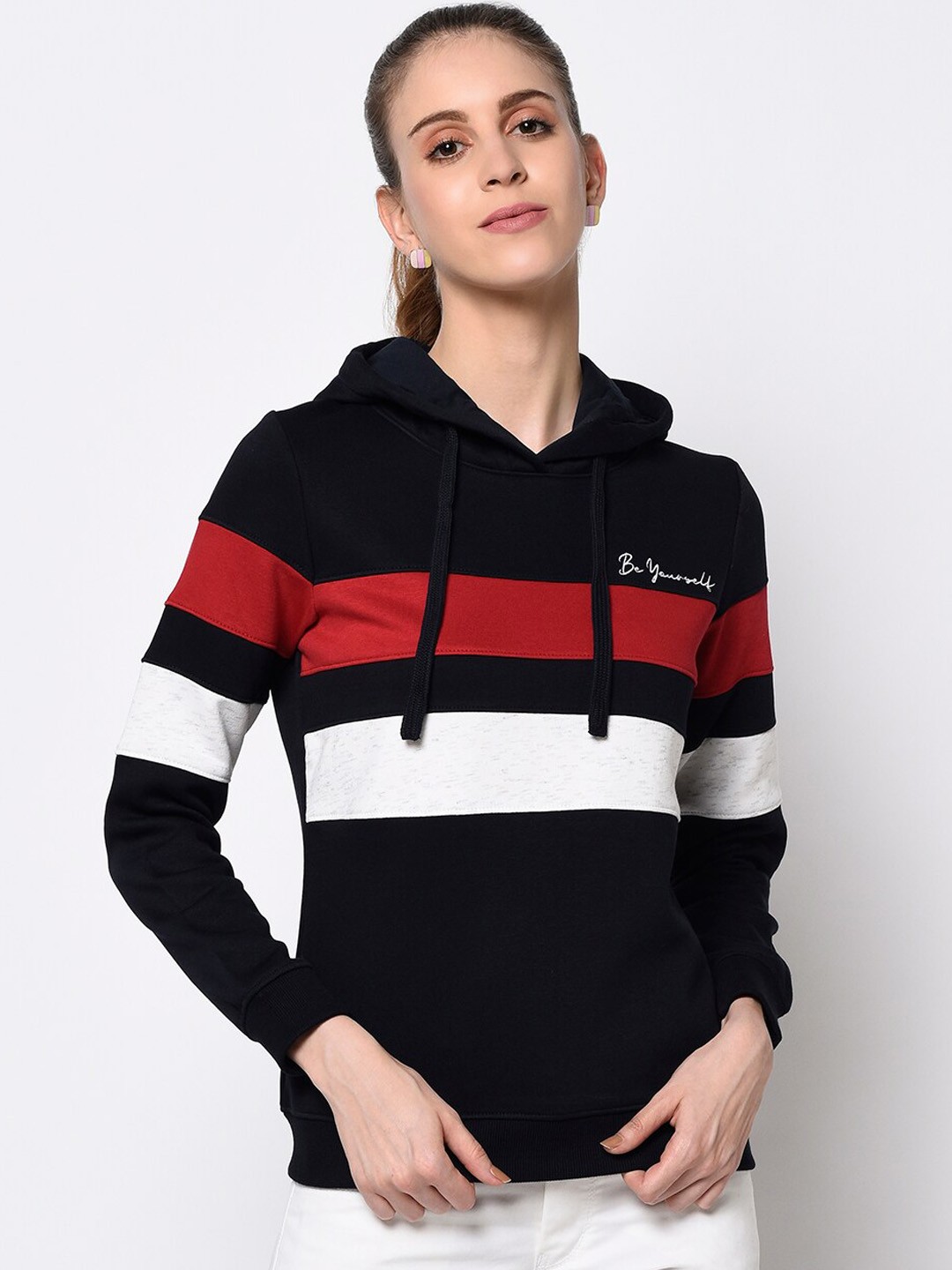 

METTLE Women Navy Blue & Red Colourblocked Hooded Sweatshirt
