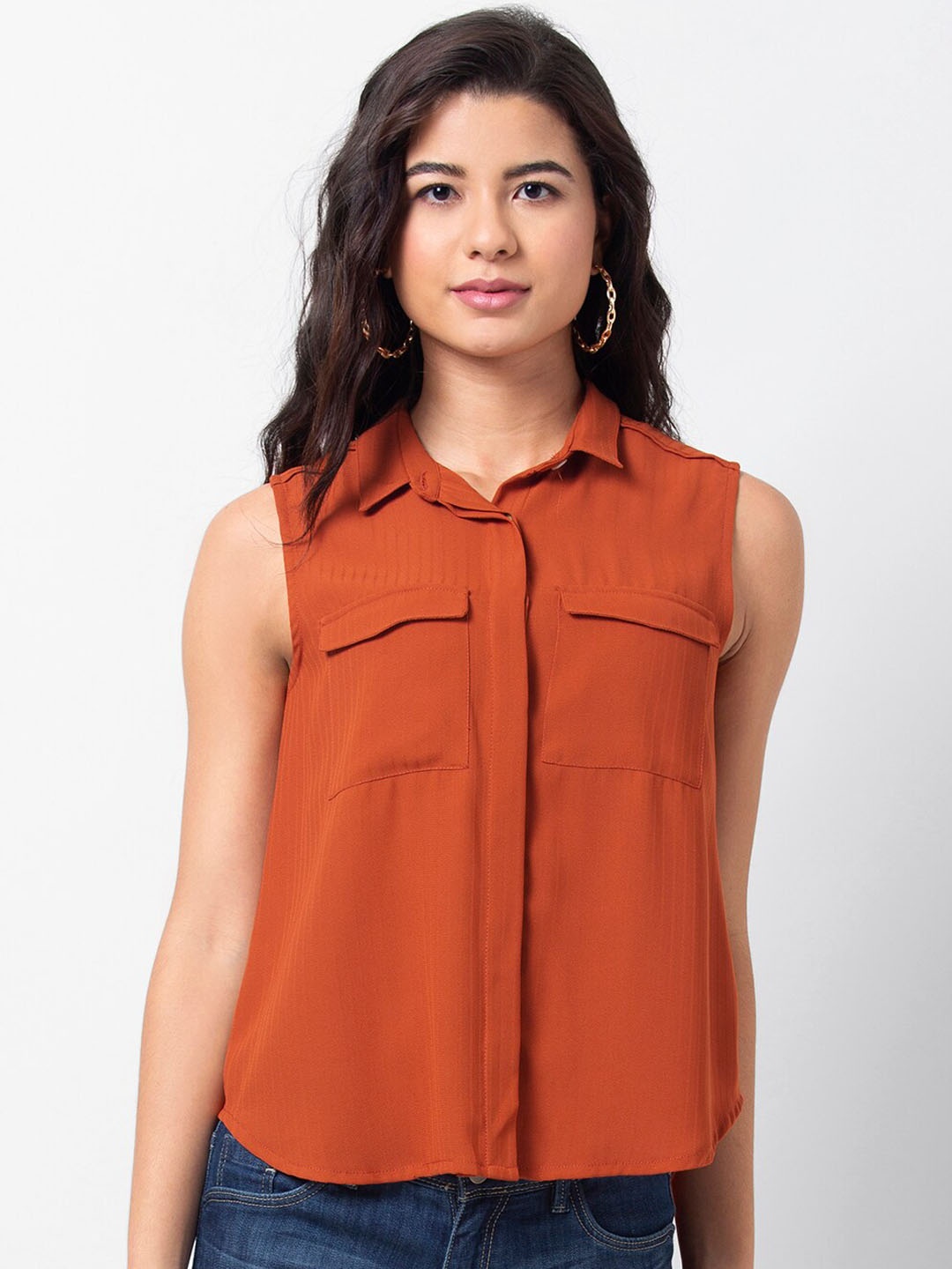 

FabAlley Women Rust Orange Solid Shirt Style Top
