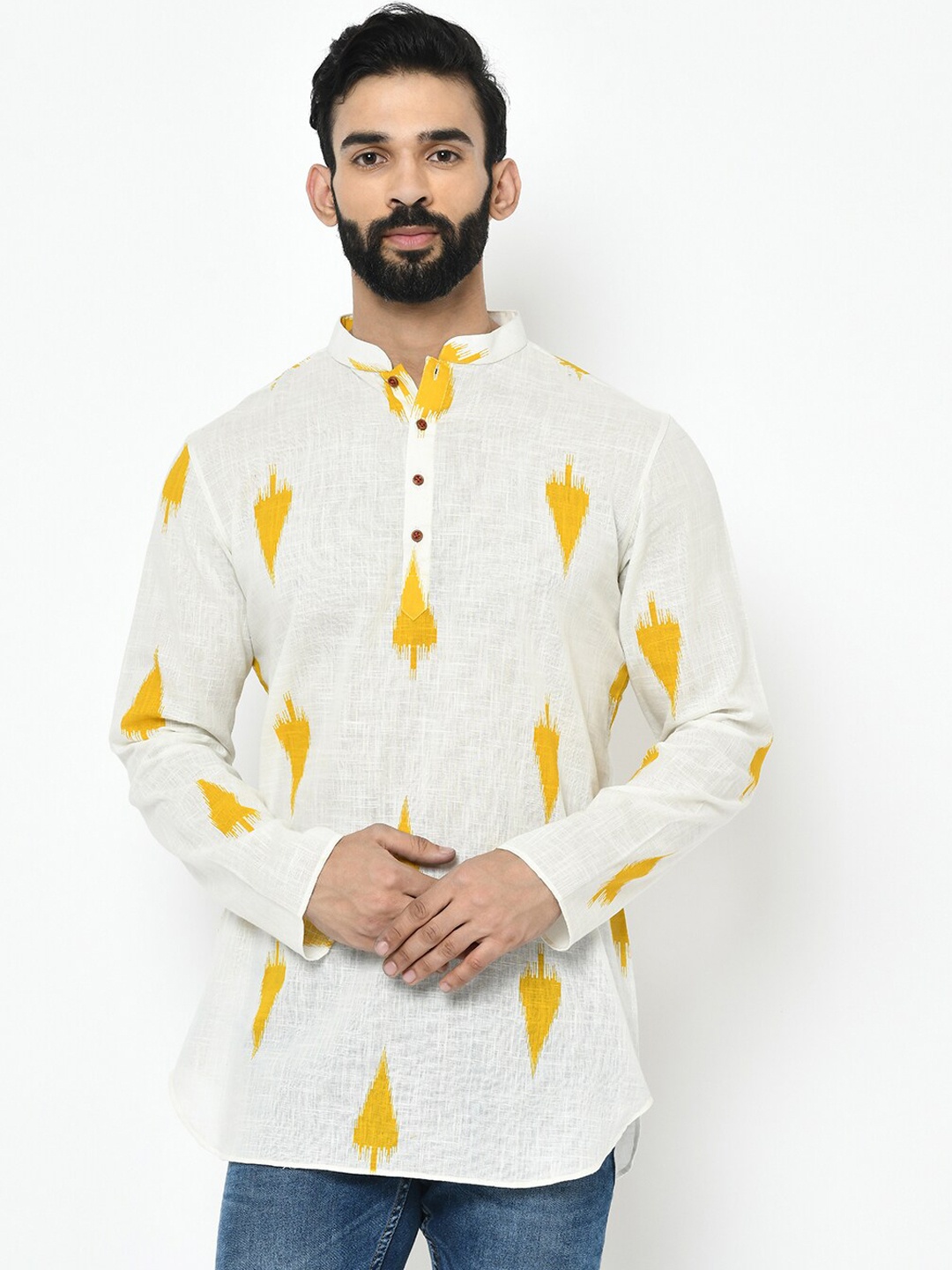 

KISAH Men Yellow & White Printed A-Line Kurta