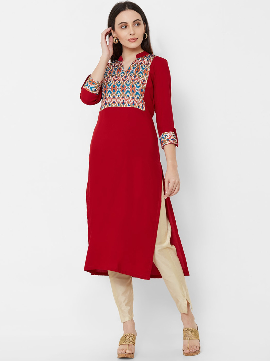 

SANISA Women Red & Off-White Yoke Design Straight Kurta