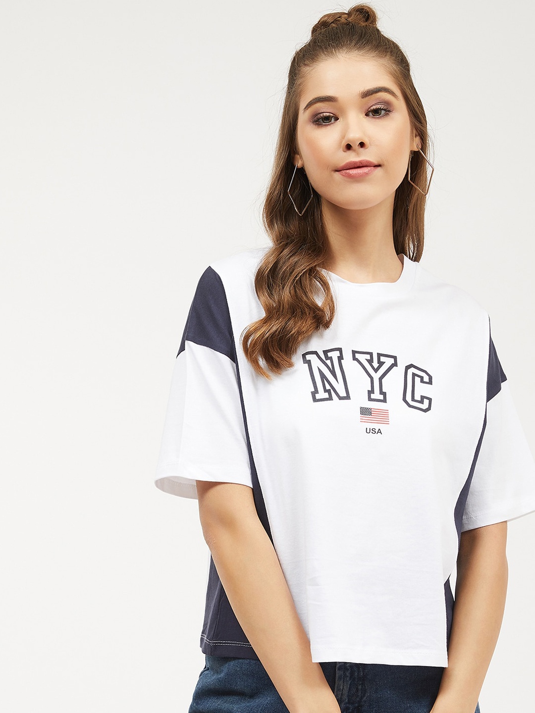 

Harpa Women White Printed Round Neck Pure Cotton T-shirt