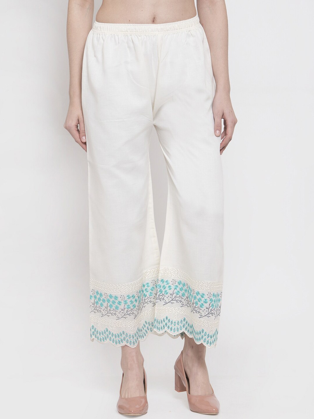 

Miaz Lifestyle Women Off-White Embroidered Straight Palazzos