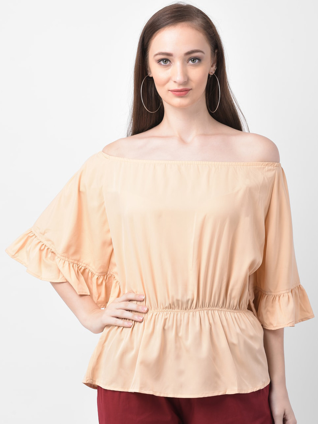 

GRACIT Women Beige Solid Cinched Waist Top