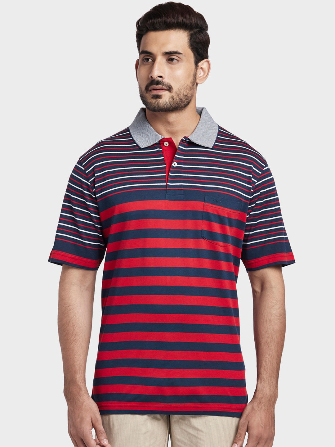 

ColorPlus Men Navy Blue & White Striped Polo Collar T-shirt