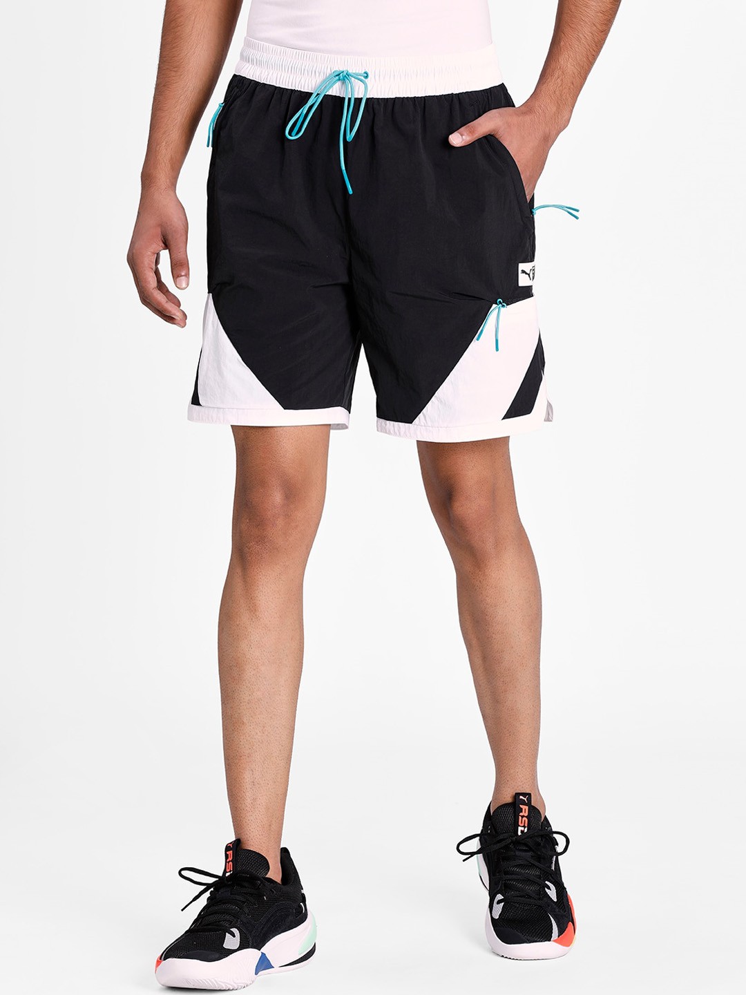 

PUMA Hoops Unisex Black Colourblocked Parquet Men's Basketball Shorts