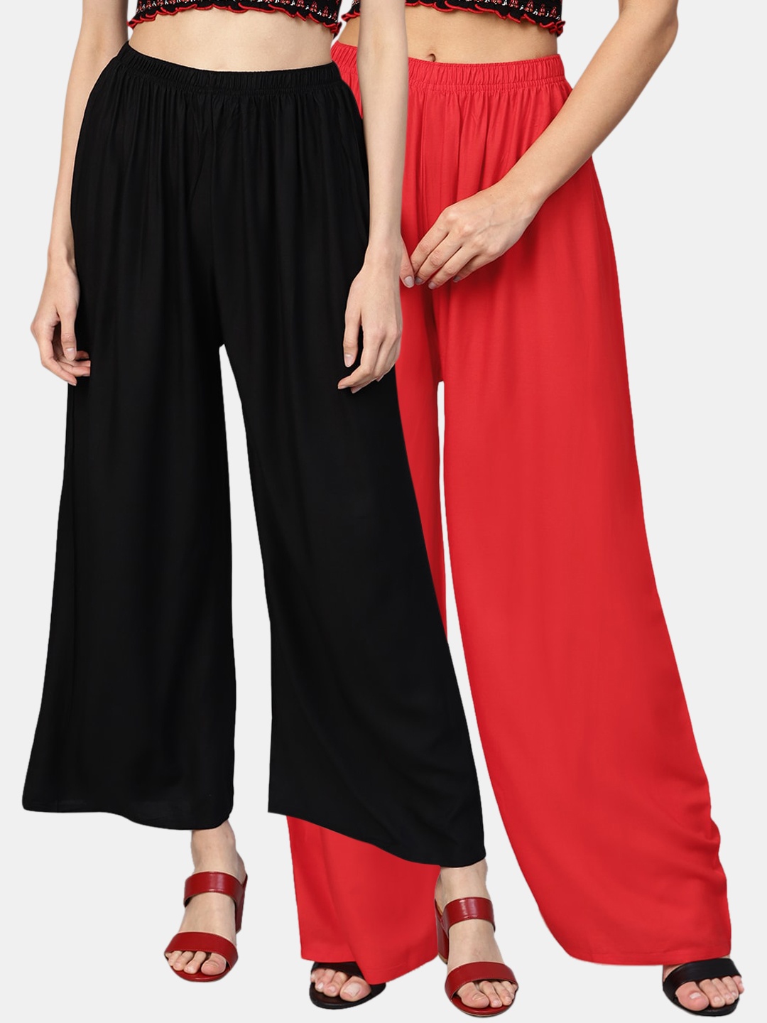 

Jompers Women Pack of 2 Black & Red Solid Wide Leg Palazzos