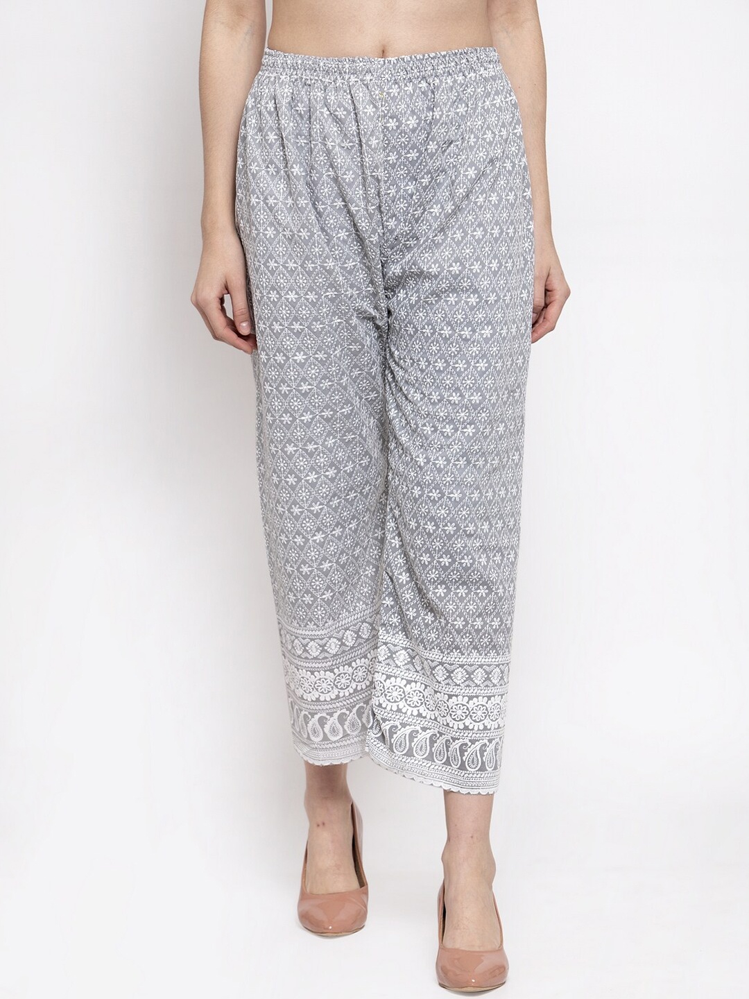 

Miaz Lifestyle Women Grey & White Embroidered Straight Palazzos