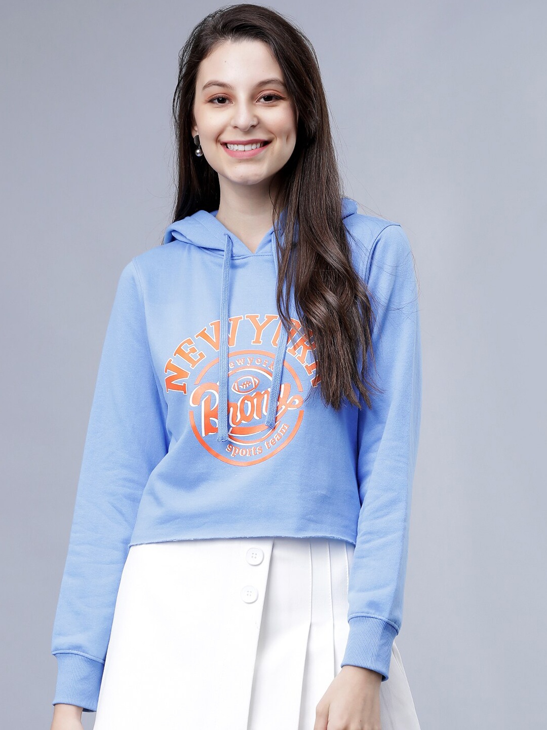

Tokyo Talkies Women Blue Printed Hooded Crop Sweatshirt