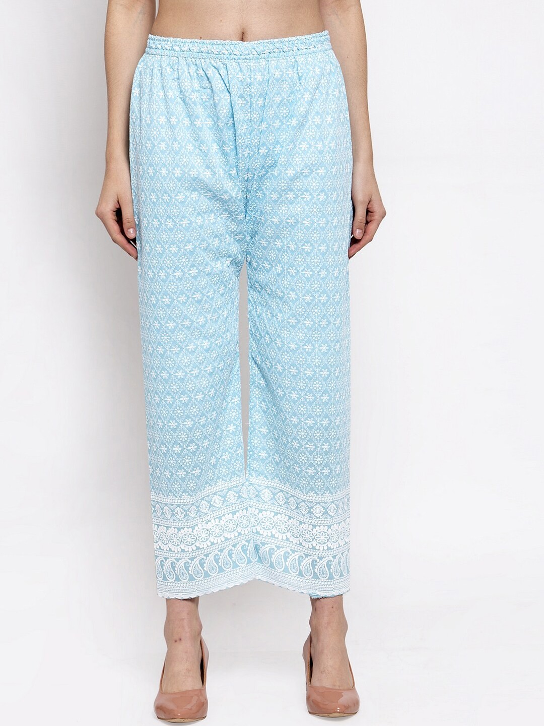 

Miaz Lifestyle Women Blue Chikankari Embroidery Straight Palazzos