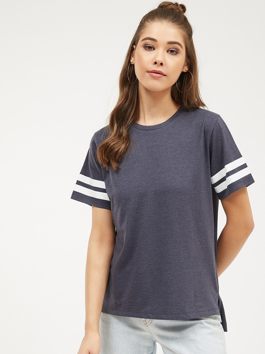 Harpa Women Navy Blue Solid Round Neck Pure Cotton T-shirt
