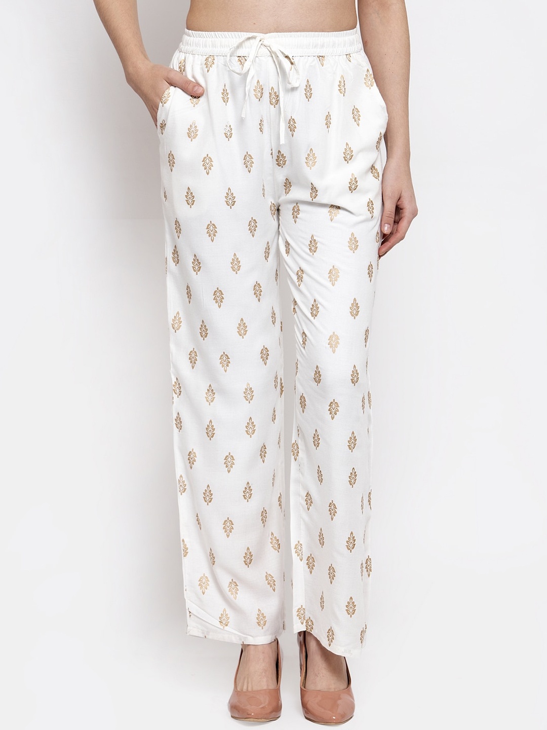 

Miaz Lifestyle Women Off-White & Gold Printed Straight Palazzos