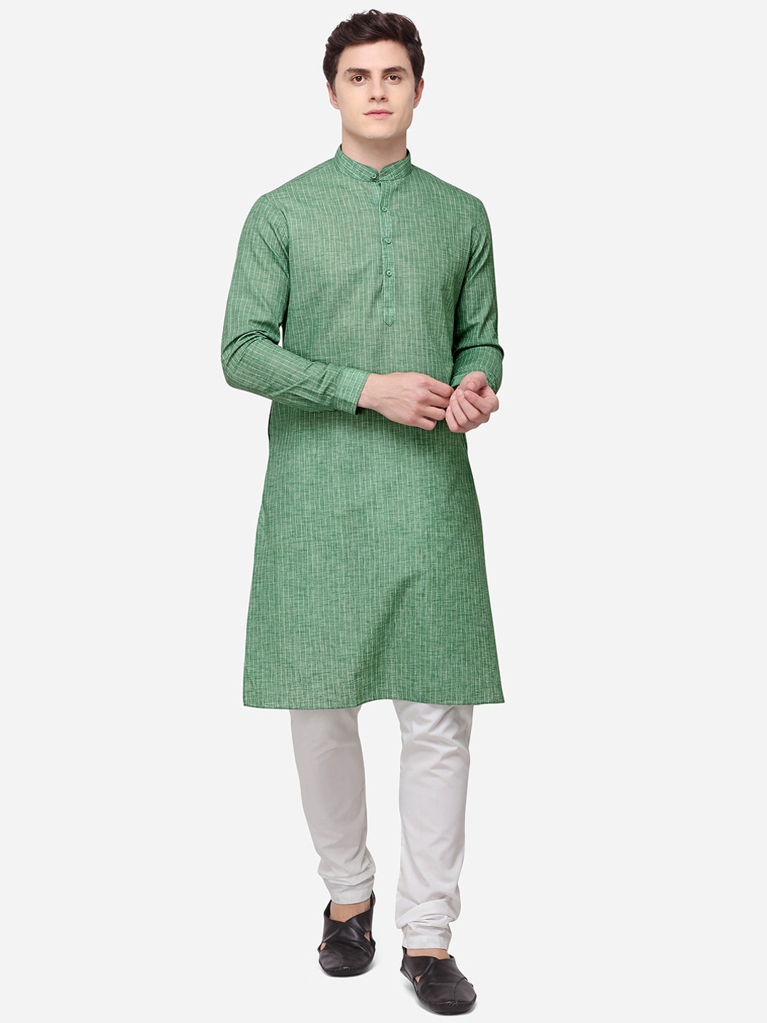 

JADE BLUE Men Green & Beige Striped Straight Modi Kurta