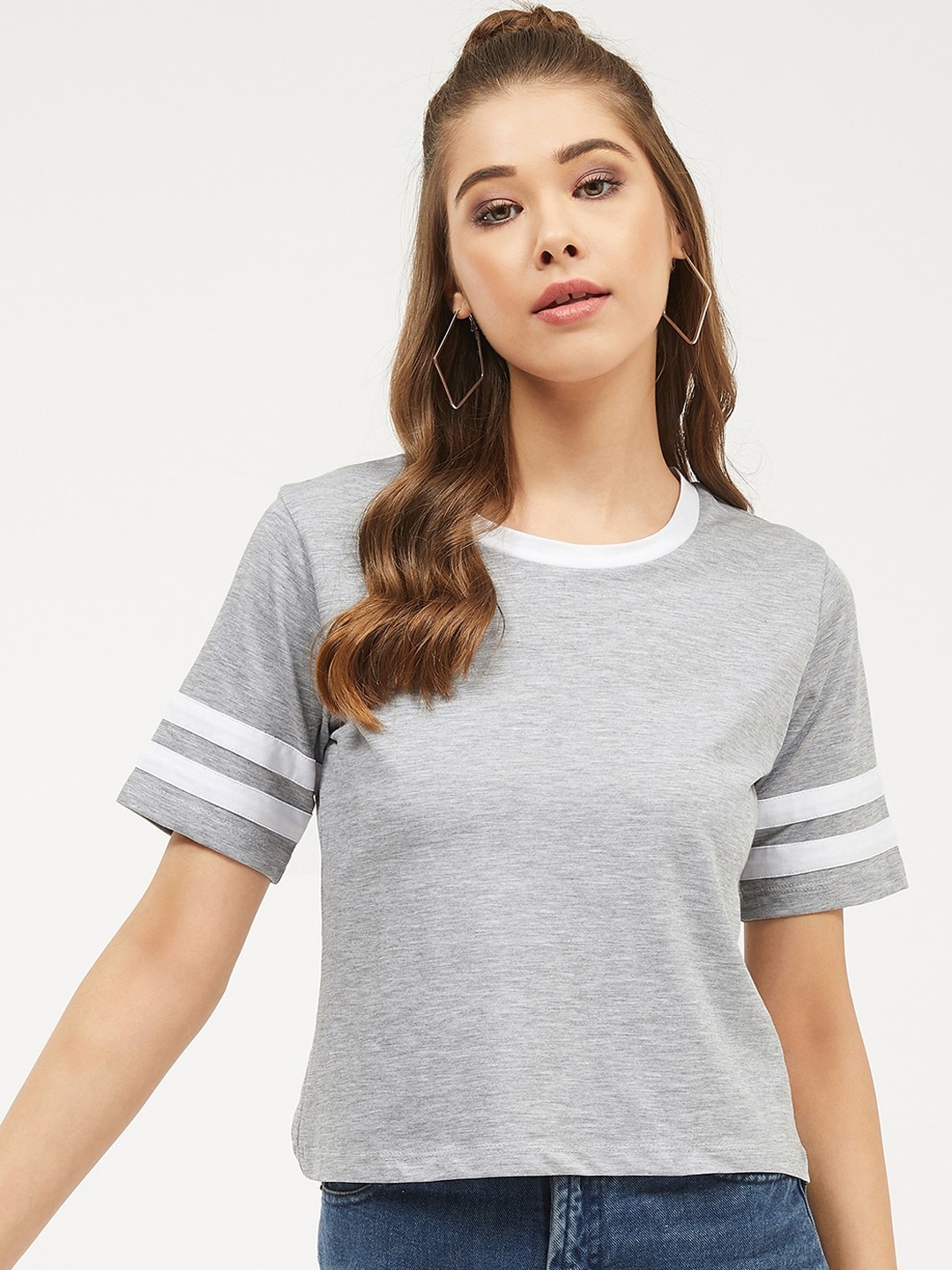 

Harpa Women Grey Solid Round Neck Pure Cotton T-shirt