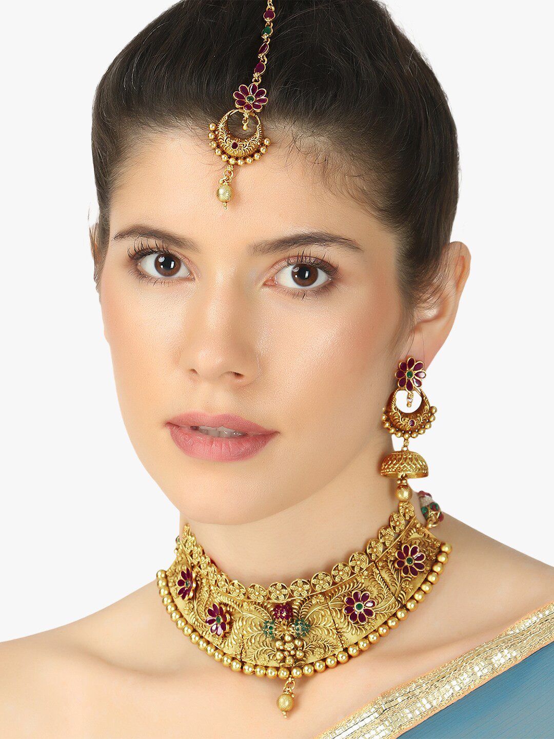 

Adwitiya Collection 24 CT Gold-Plated Red & Green Choker Stone Studded Jewellery Set
