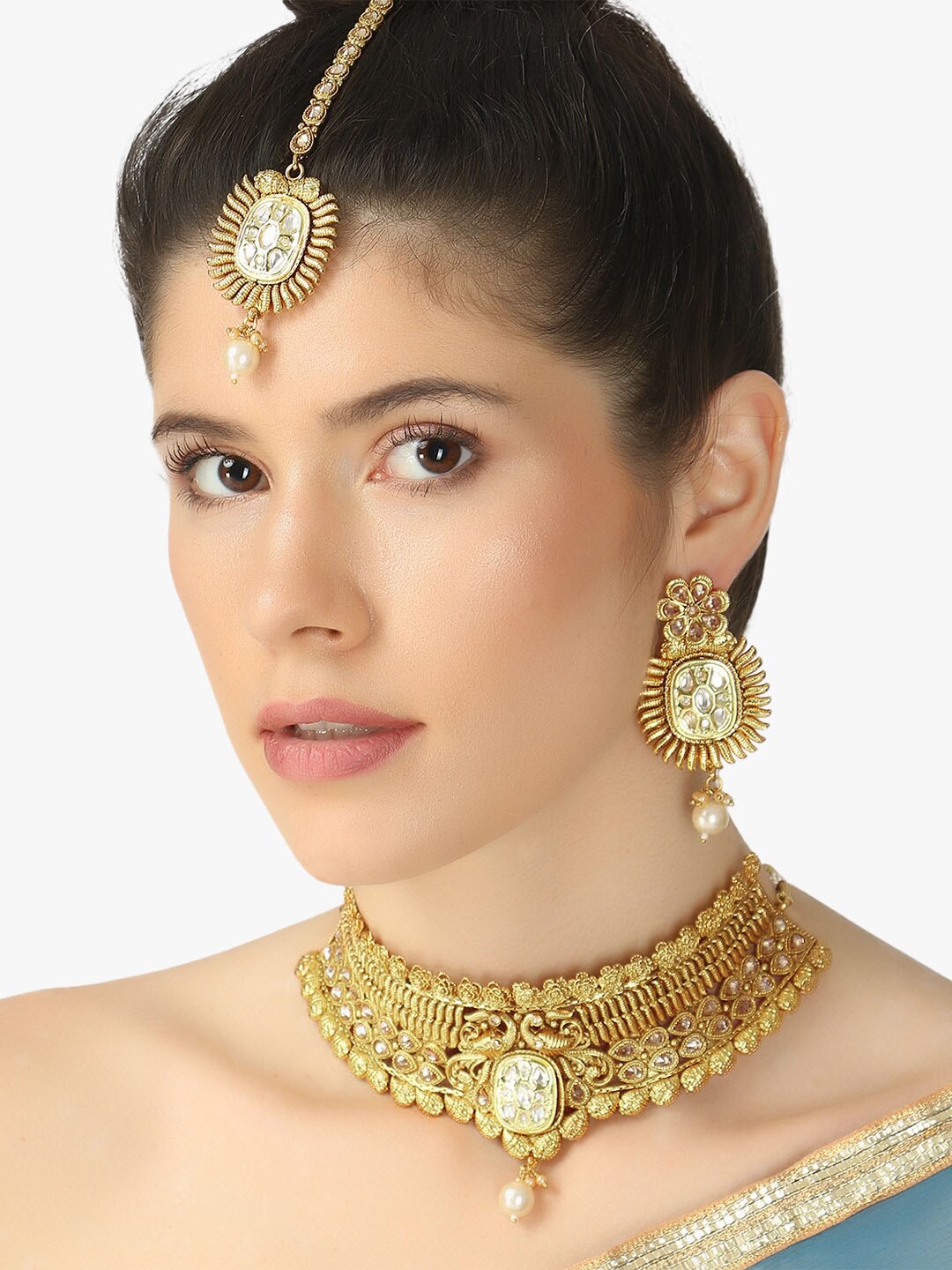 

Adwitiya Collection 24 CT Gold-Plated White Choker Stone Studded Jewellery Set