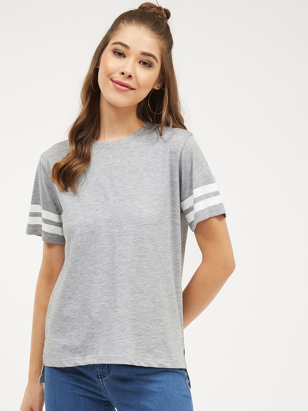 Harpa Women Grey Solid Round Neck T-shirt