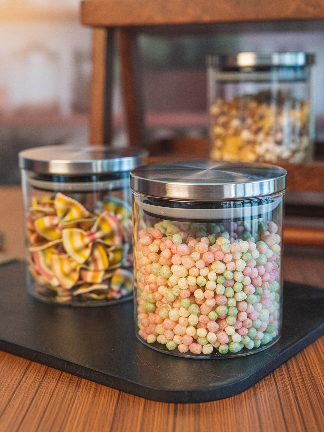 

GOODHOMES Set Of 3 Transparent & Silver-Toned Round Borosilicate Glass Airtight Jars With Metal Lids