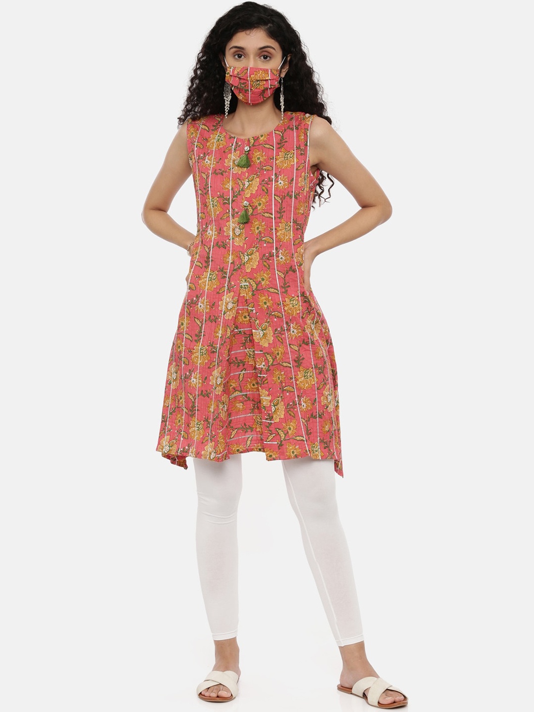 

Neerus Women Pink Mustard Yellow Floral Printed A-Line Kurta