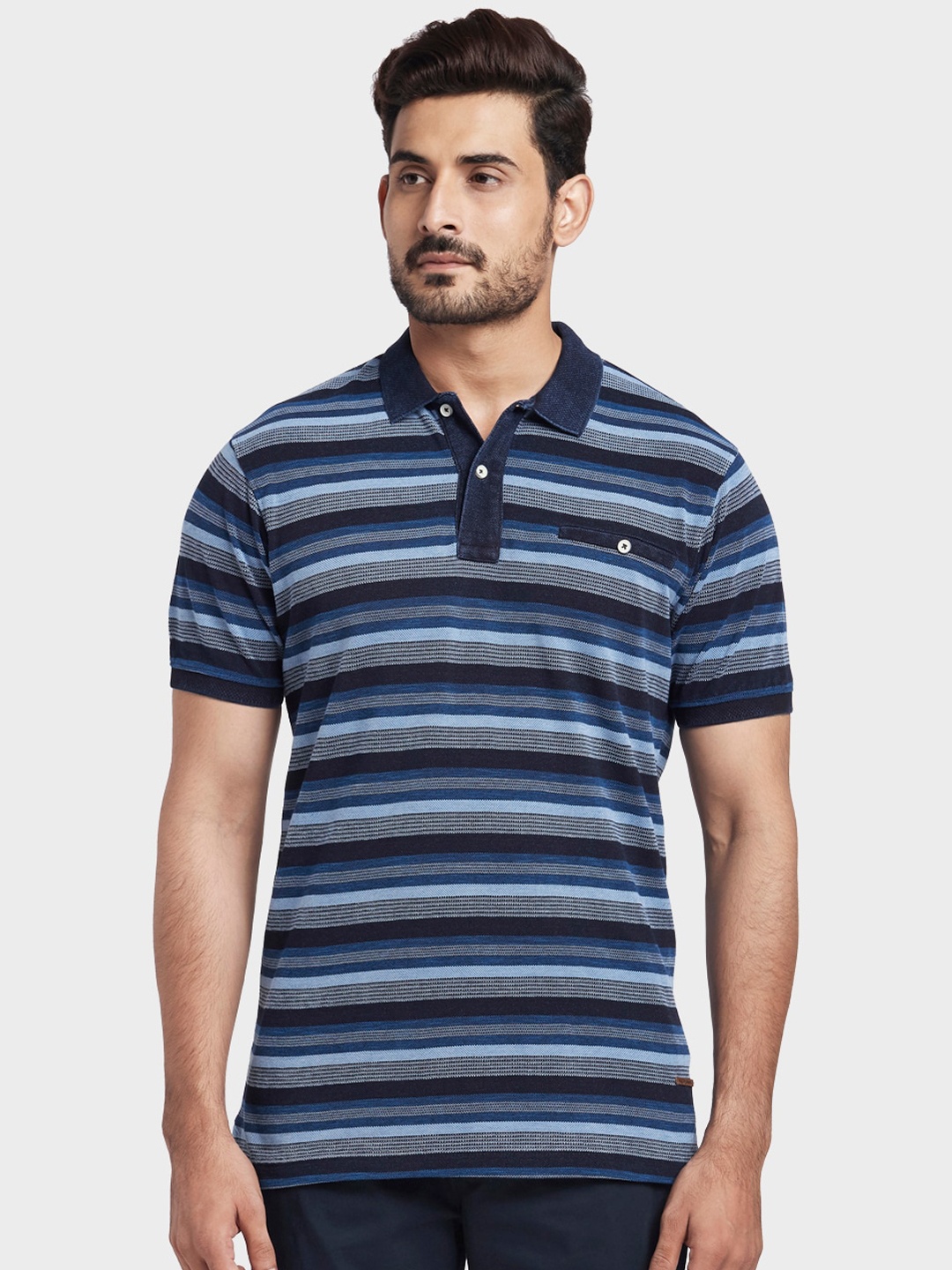 

ColorPlus Men Blue Striped Polo Collar T-shirt