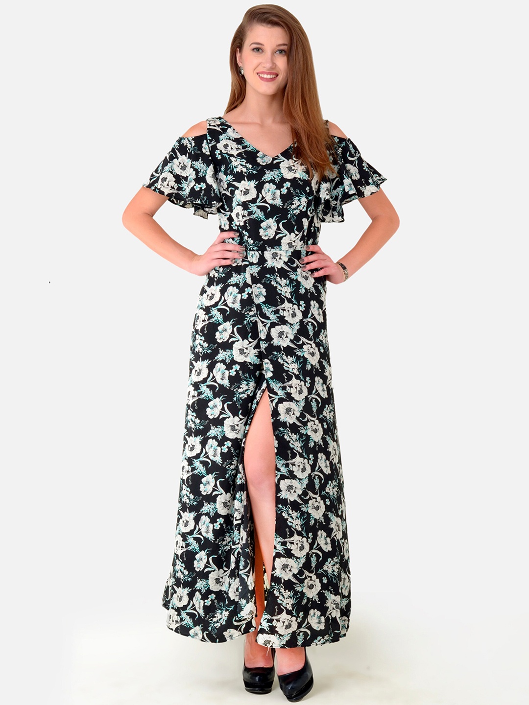 

V&M Women Black & Off White Floral Print Maxi Dress