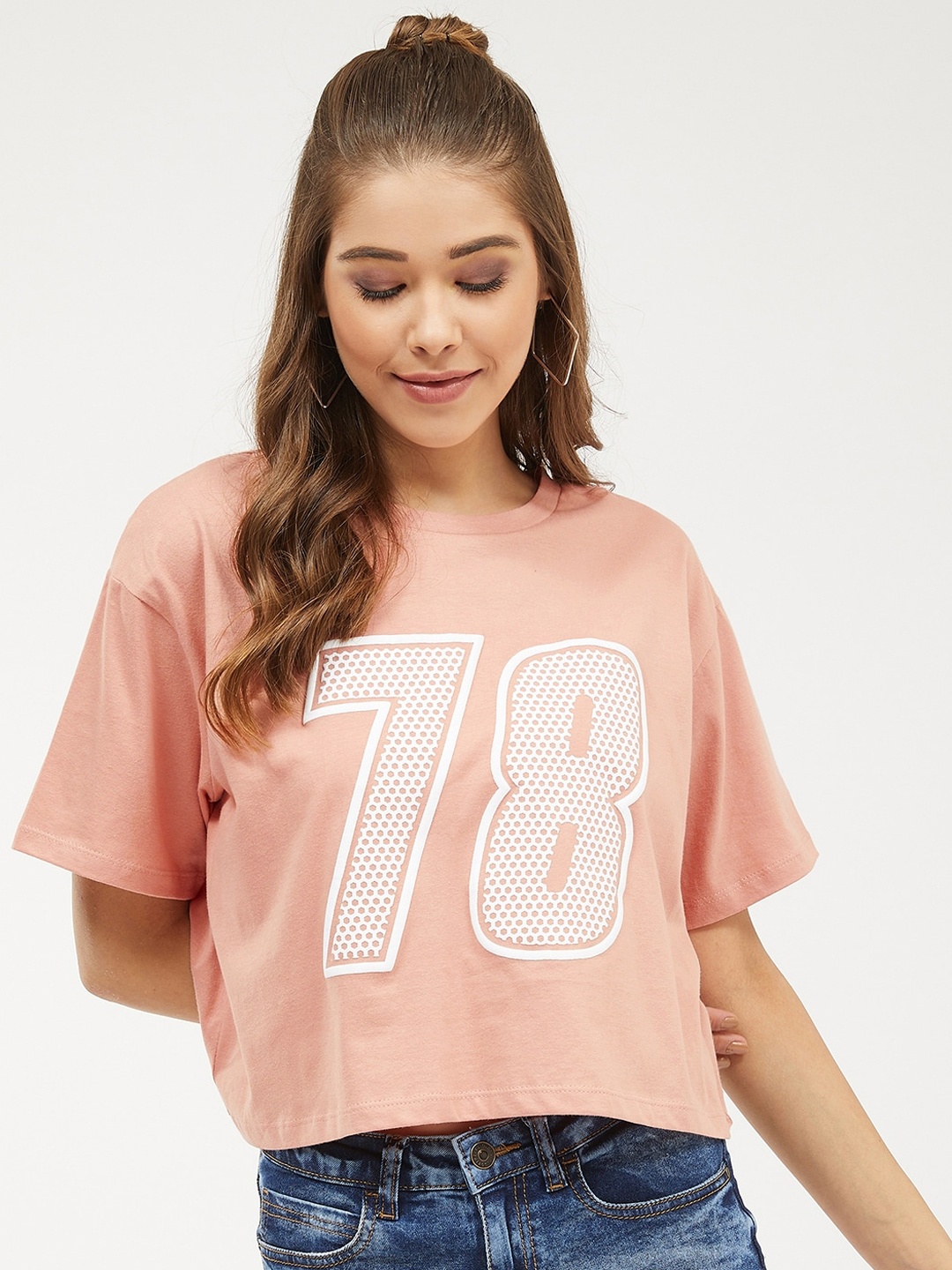 

Harpa Women Pink Printed Round Neck Pure Cotton T-shirt