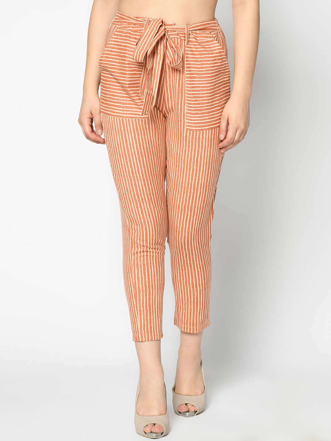 

SQew Women Orange & Off-White Slim Fit Striped Cropped Cigarette Trousers