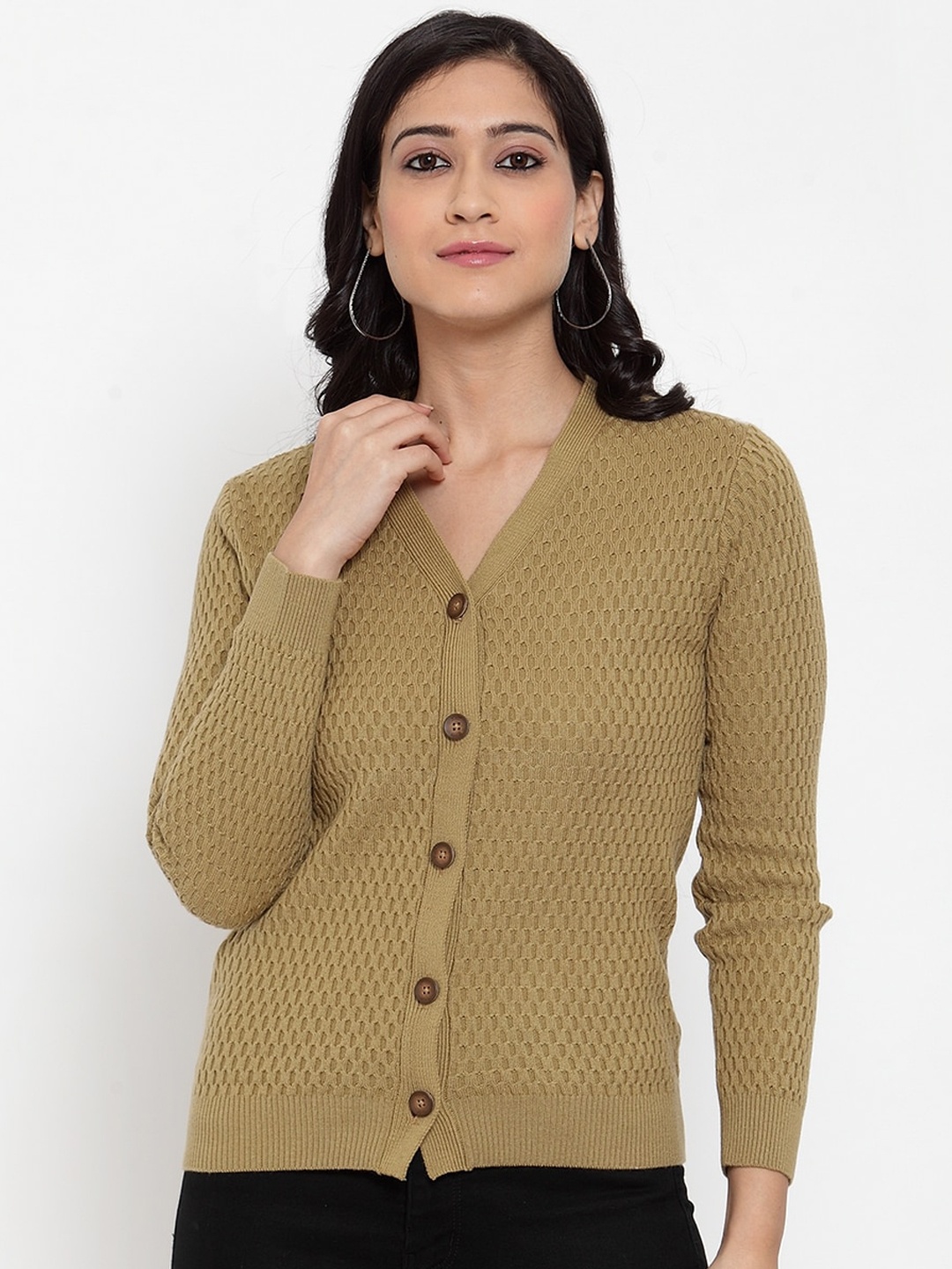 

Kalt Women Camel Brown Self Design Cardigan Sweater