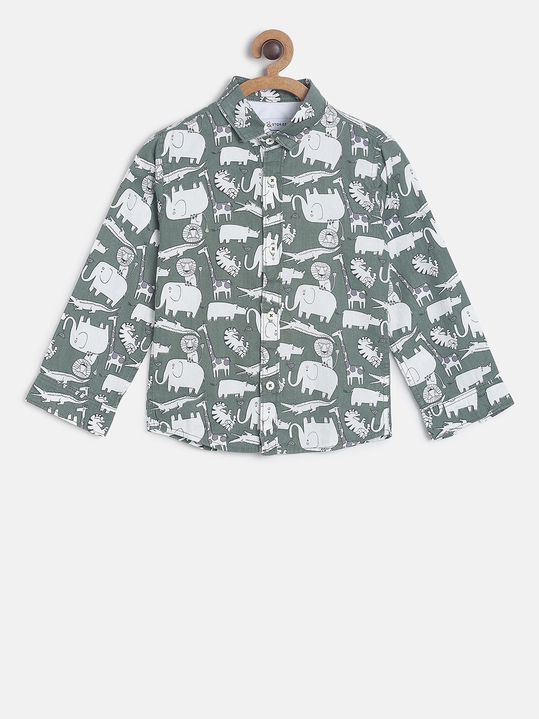 

TALES & STORIES Boys Olive Green & White Slim Fit Printed Casual Shirt