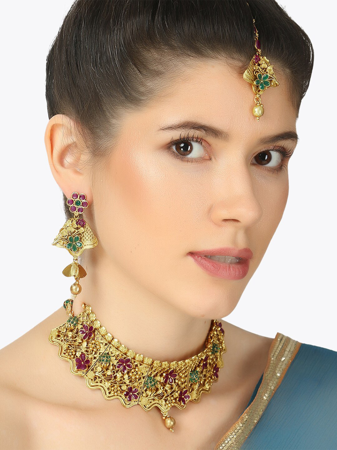 

Adwitiya Collection 24 CT Gold-Plated Studded Necklace Set with Maang Tika & Earrings