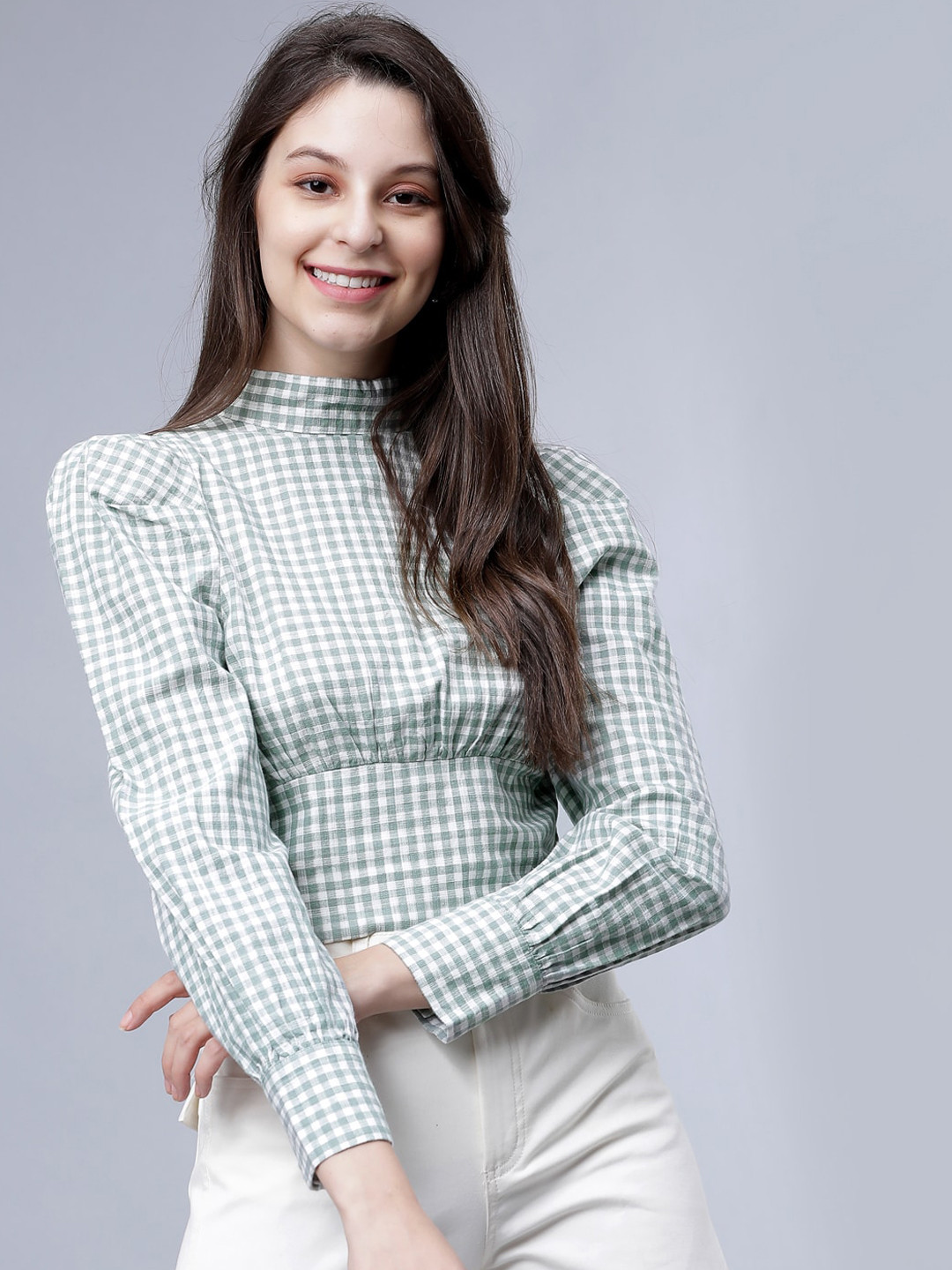 

Tokyo Talkies Women Green & White Checked Pure Cotton Top
