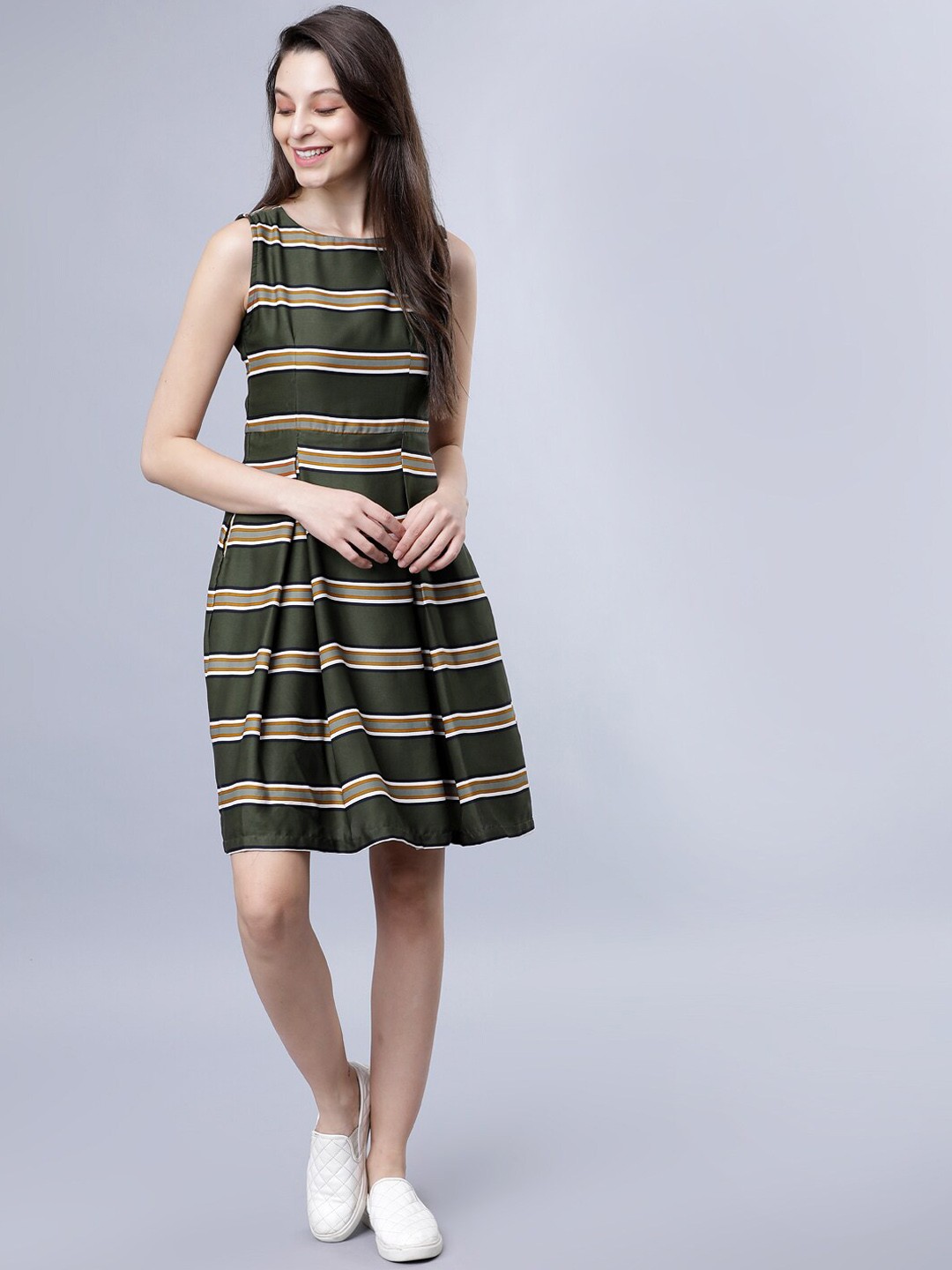 

Tokyo Talkies Women Olive Green Striped Fit and Flare Dress
