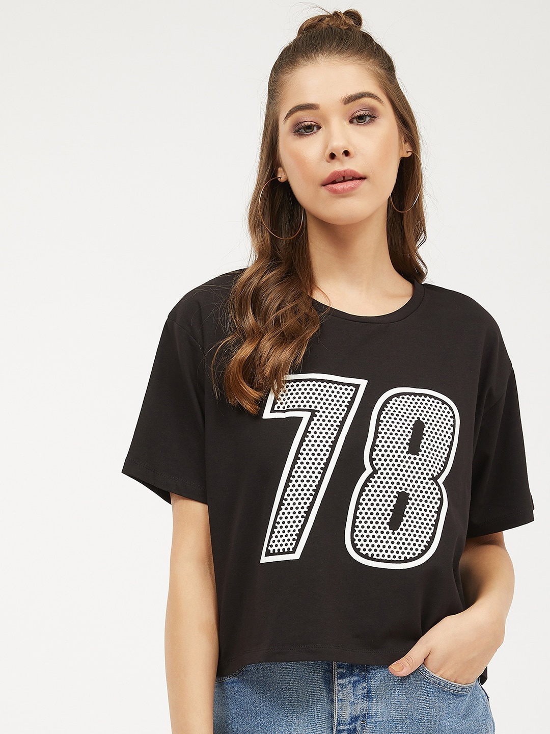 

Harpa Women Black White Printed Round Neck Pure Cotton T-shirt