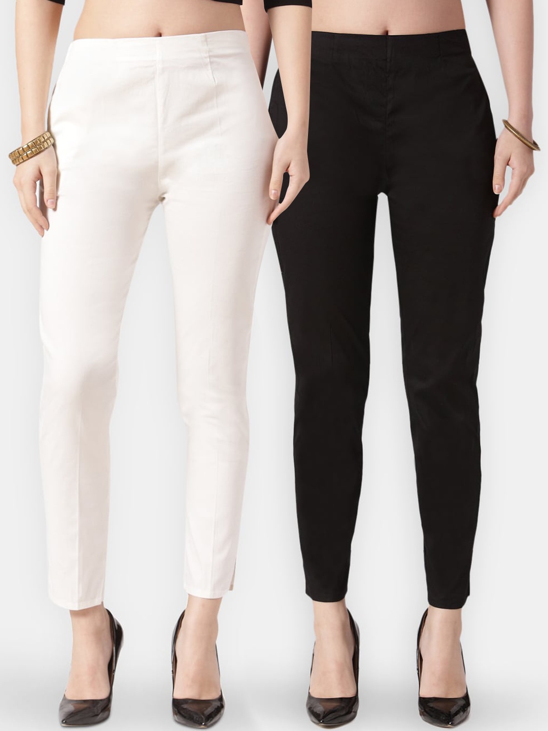 

Jompers Women Pack of 2 Black & White Smart Slim Fit Solid Cigarette Trousers