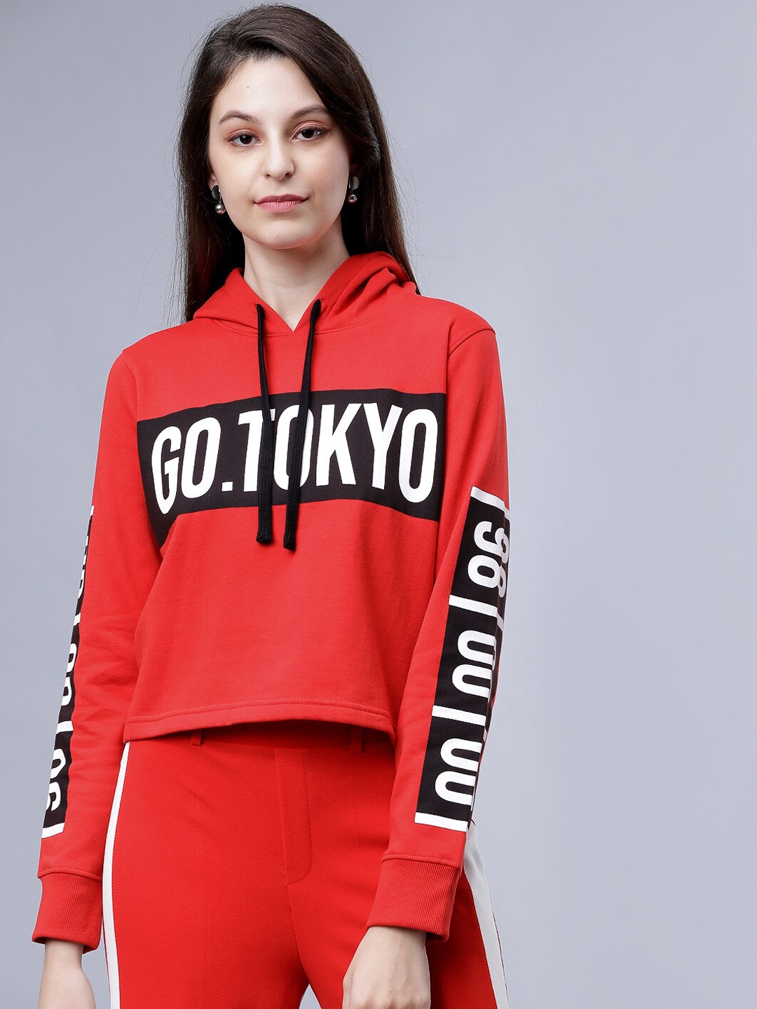 

Tokyo Talkies Women Red Printed Hooded Crop Sweatshirt