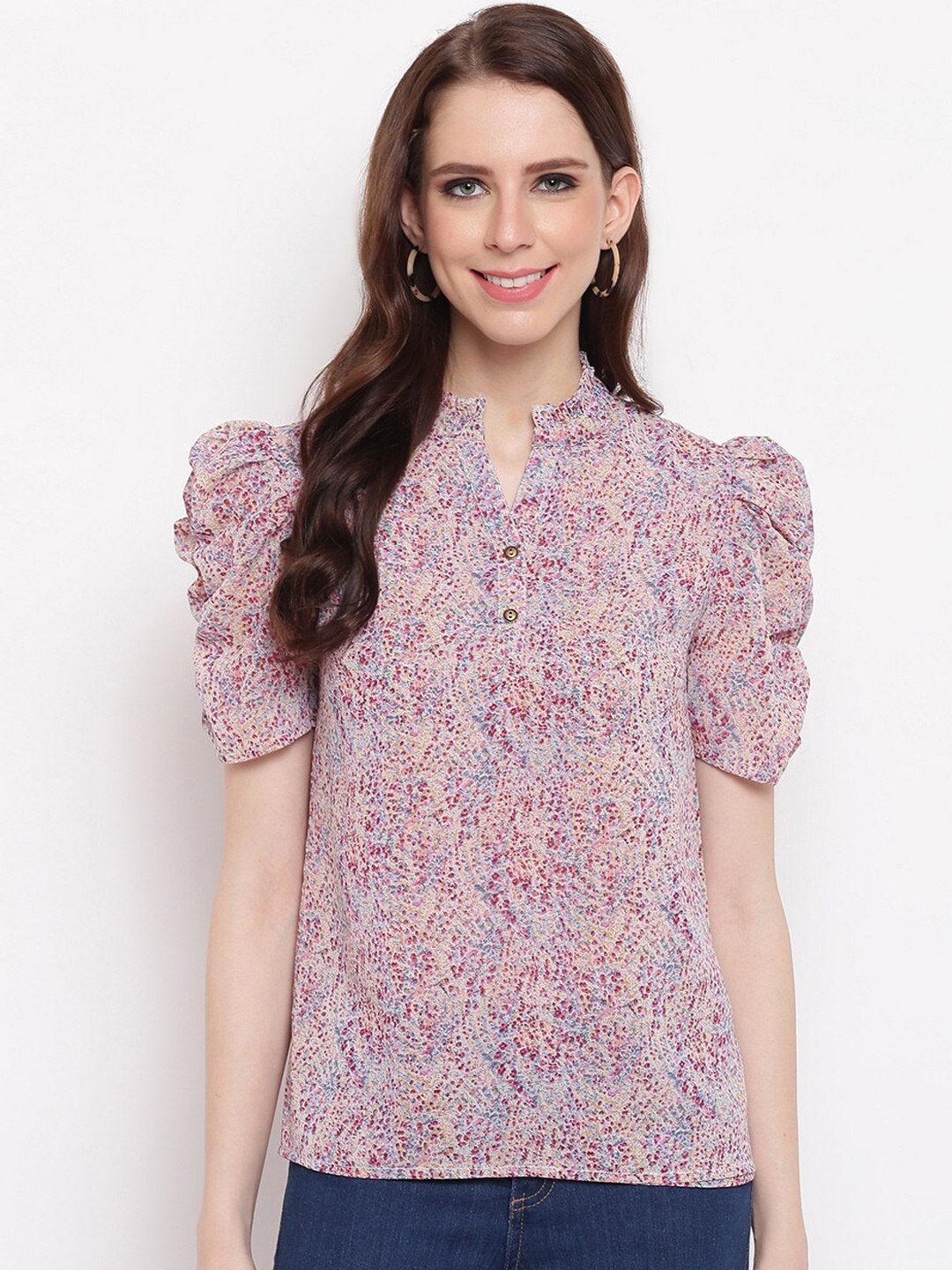 

RIVI Women Peach-Coloured Printed Shirt Style Top