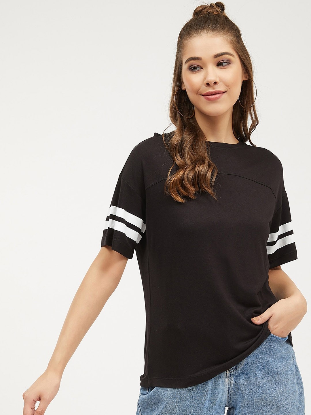 

Harpa Women Black Solid Round Neck Pure Cotton T-shirt