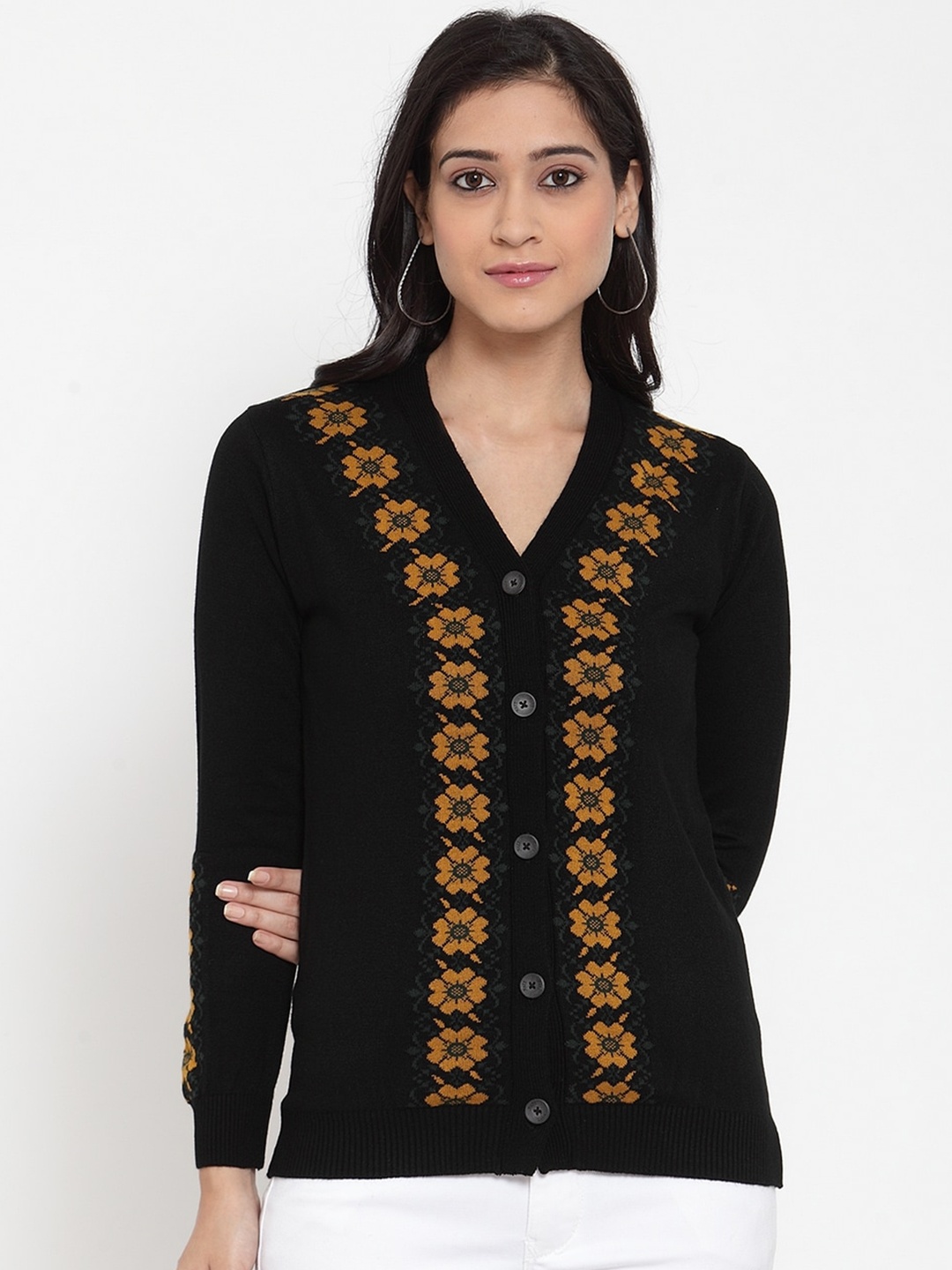 

Kalt Women Black Self Design Cardigan Sweater