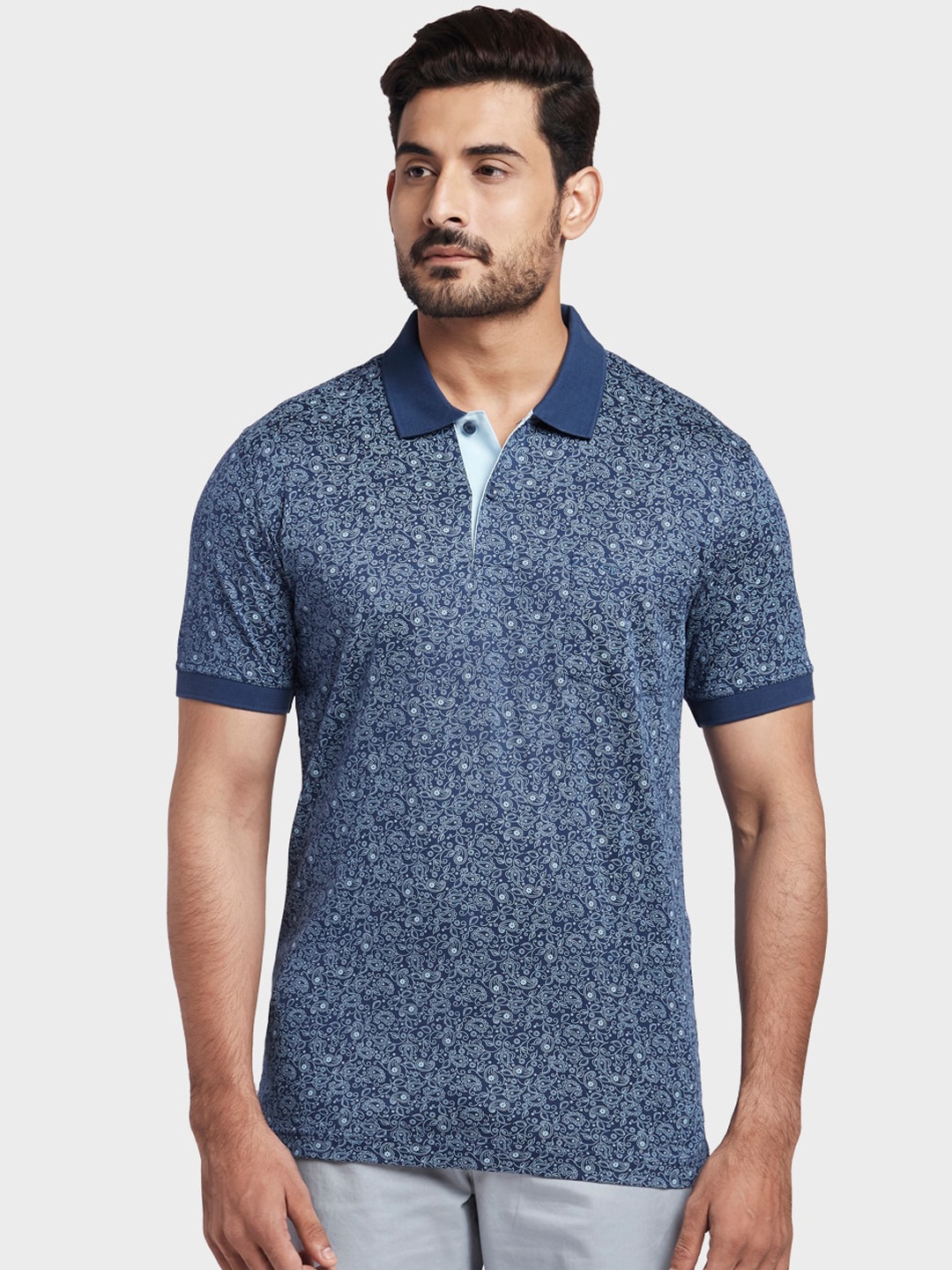 ColorPlus Men Blue & White Printed Polo Collar T-shirt