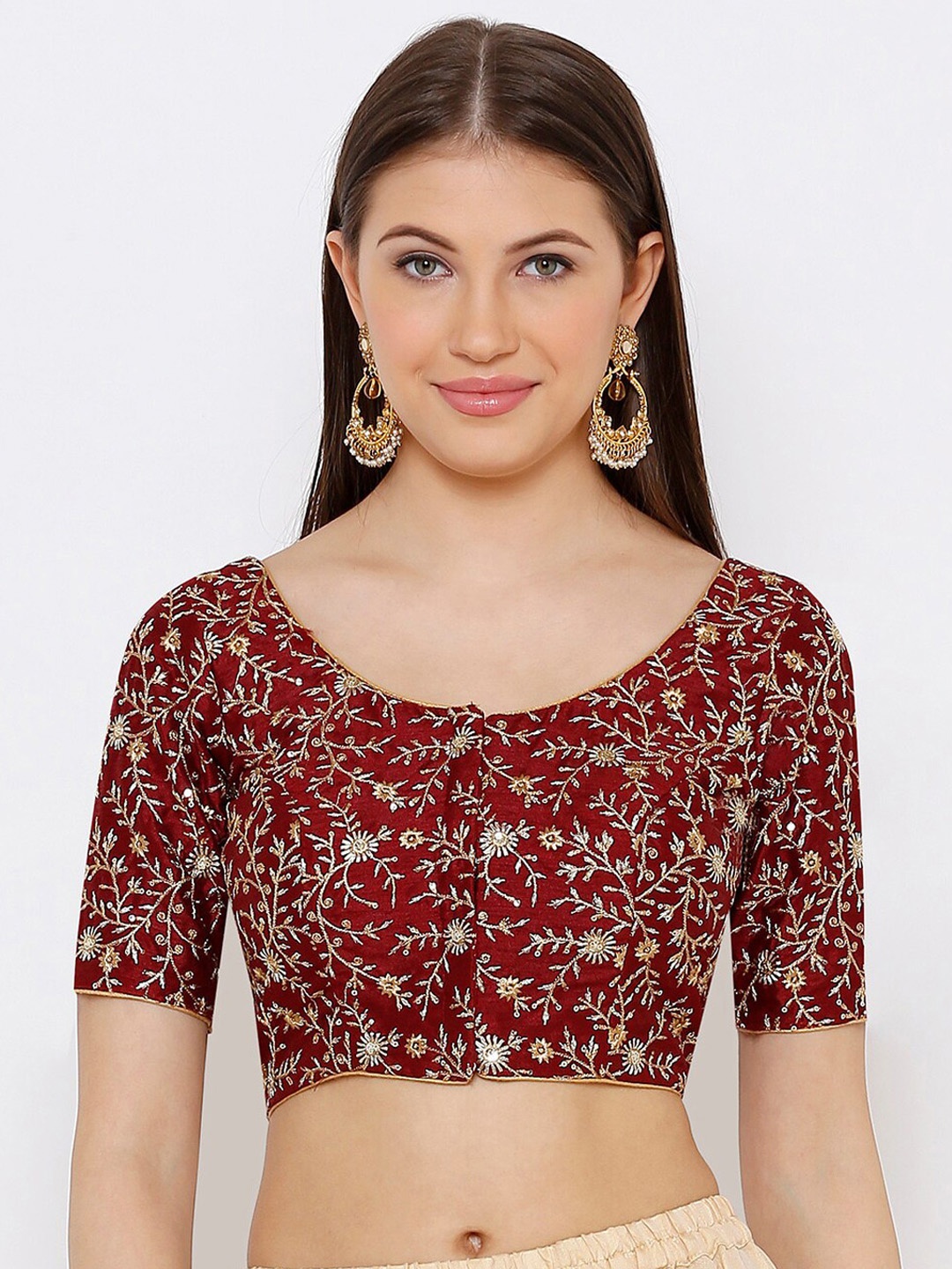 

SALWAR STUDIO Women Maroon & Gold-Toned Embroidered Readymade Saree Blouse