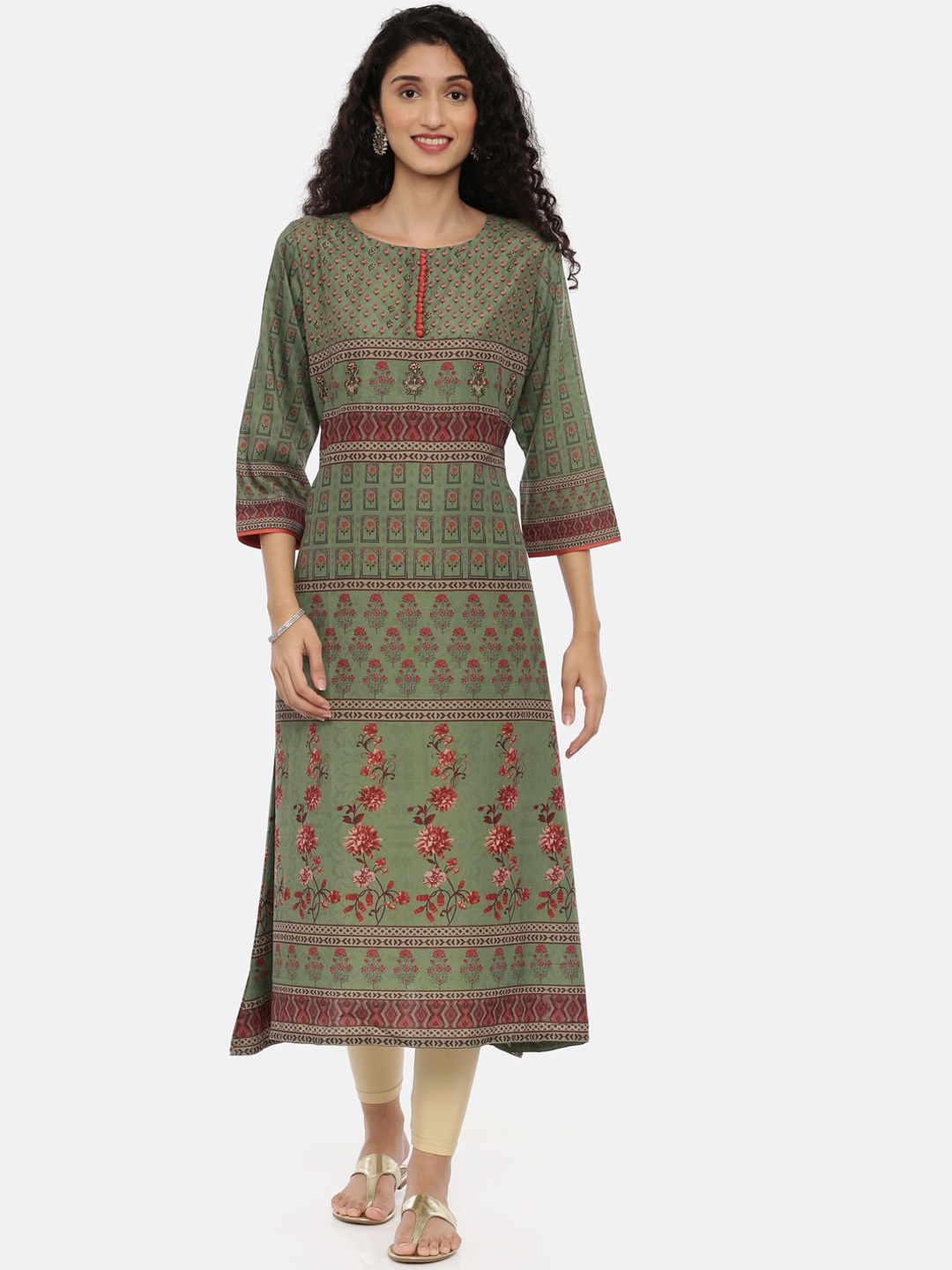 

Neerus Women Green & Pink Floral Printed Straight Kurta