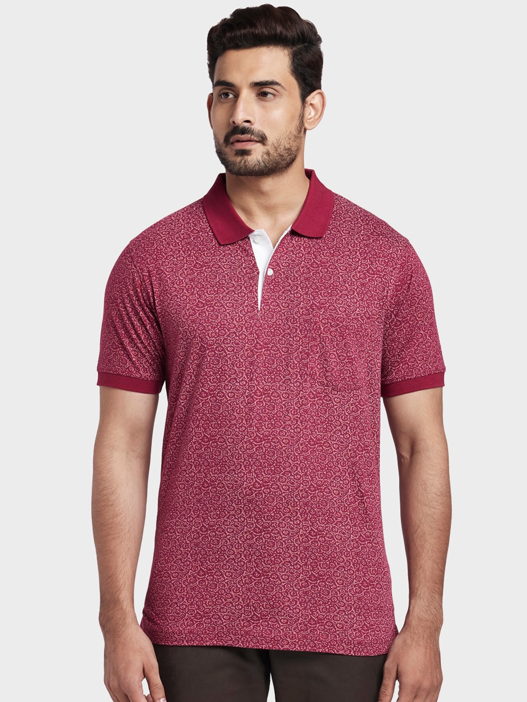 ColorPlus Men Red & White Printed Polo Collar T-shirt