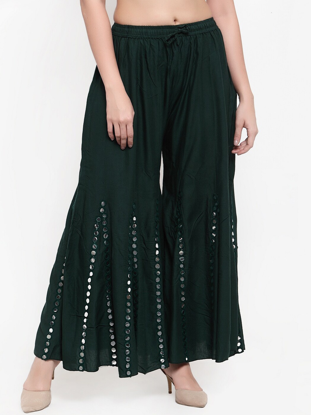 

Miaz Lifestyle Women Green Mirror Work Hem Design Flared Sharara Palazzos