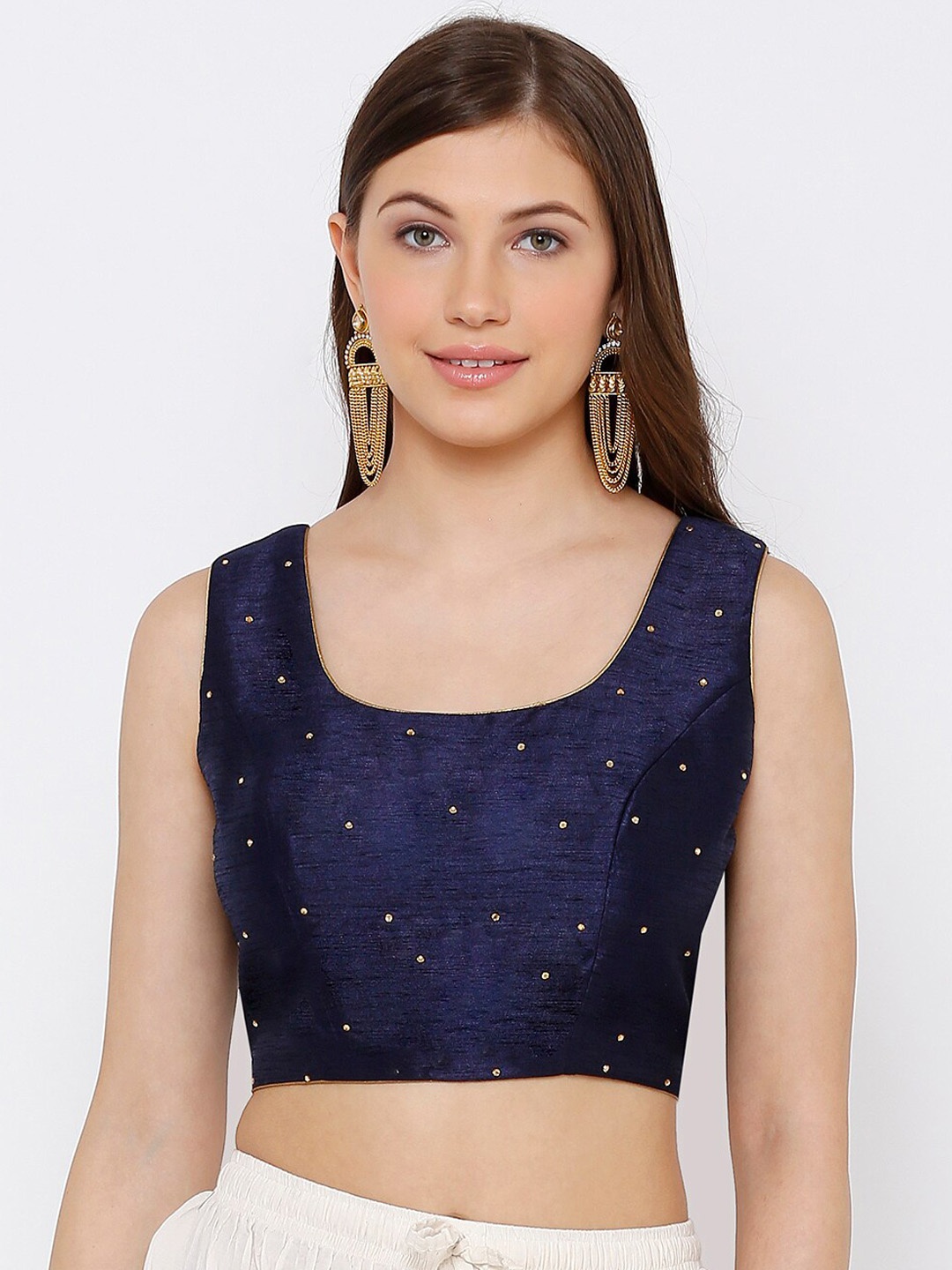 

SALWAR STUDIO Women Navy Blue Woven Design Silk Padded Dupion Silk Saree Blouse