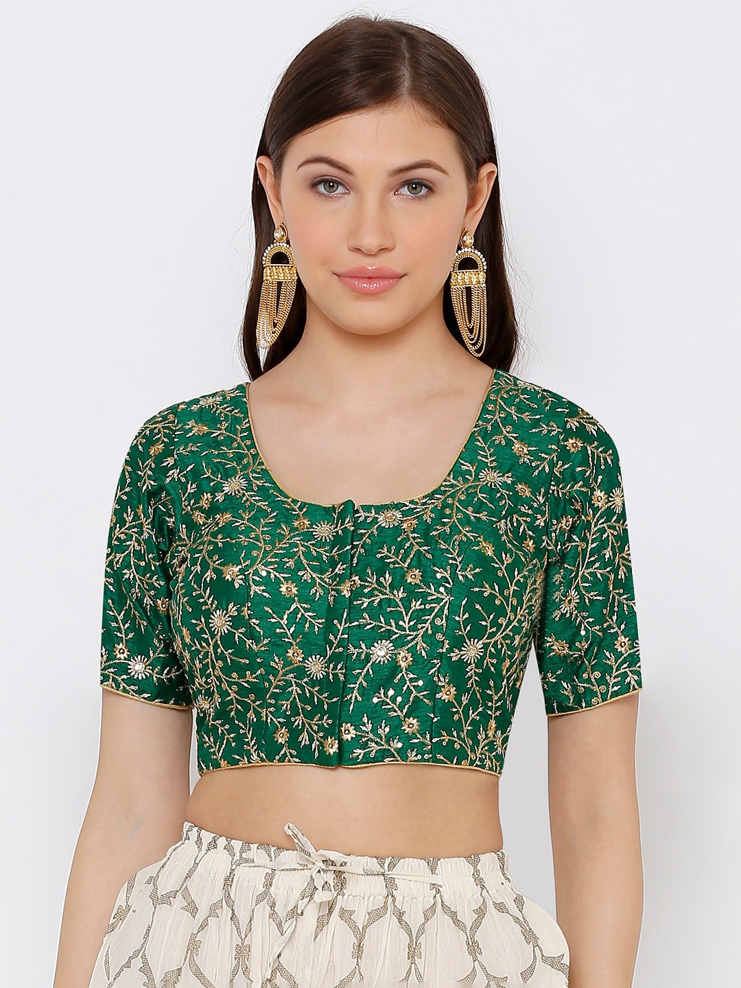 

SALWAR STUDIO Women Green & Gold-Coloured Embroidered Readymade Saree Blouse