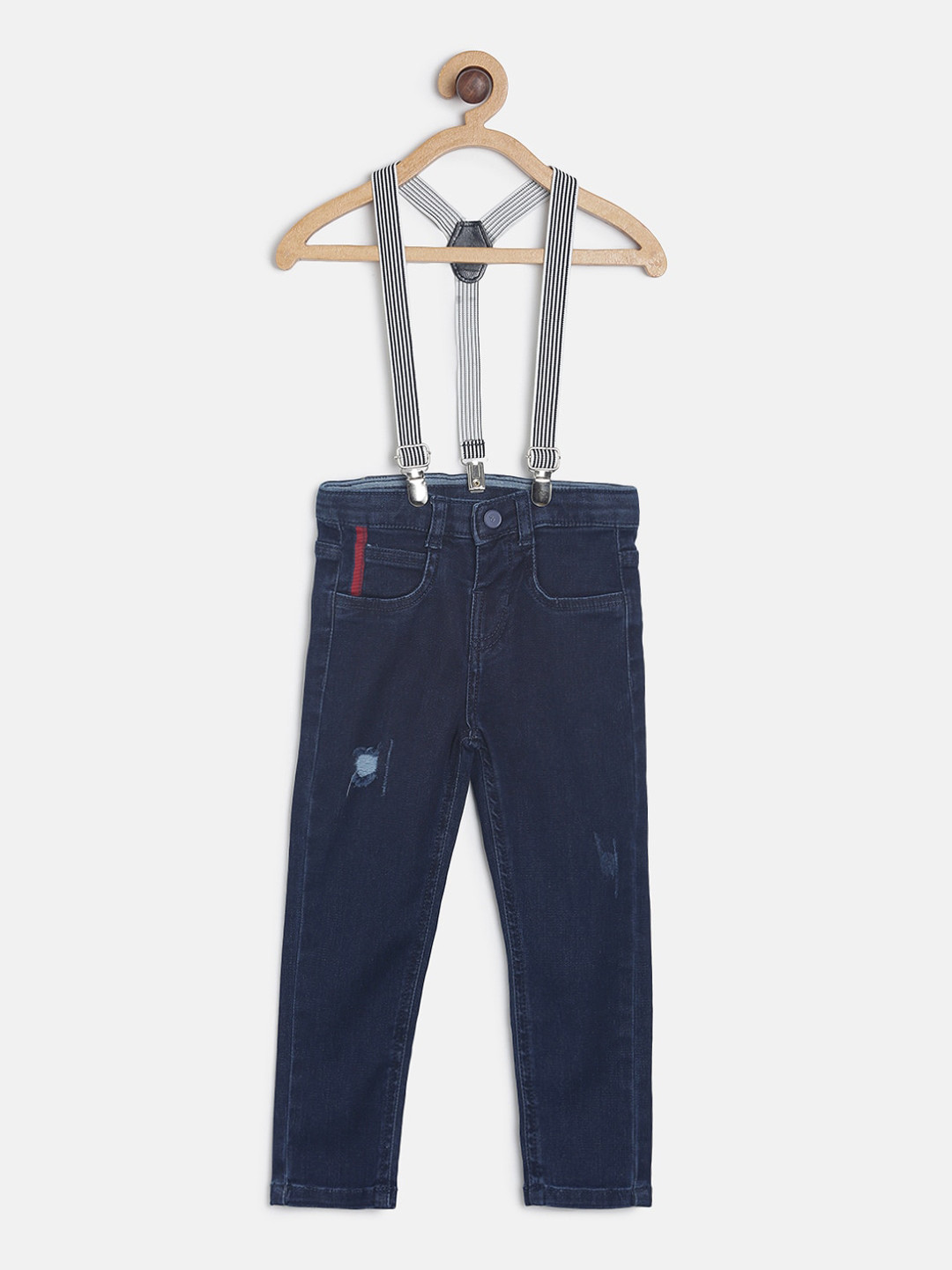 

TALES & STORIES Boys Blue Slim Fit Mid-Rise Mildly Distressed Jeans With Suspenders
